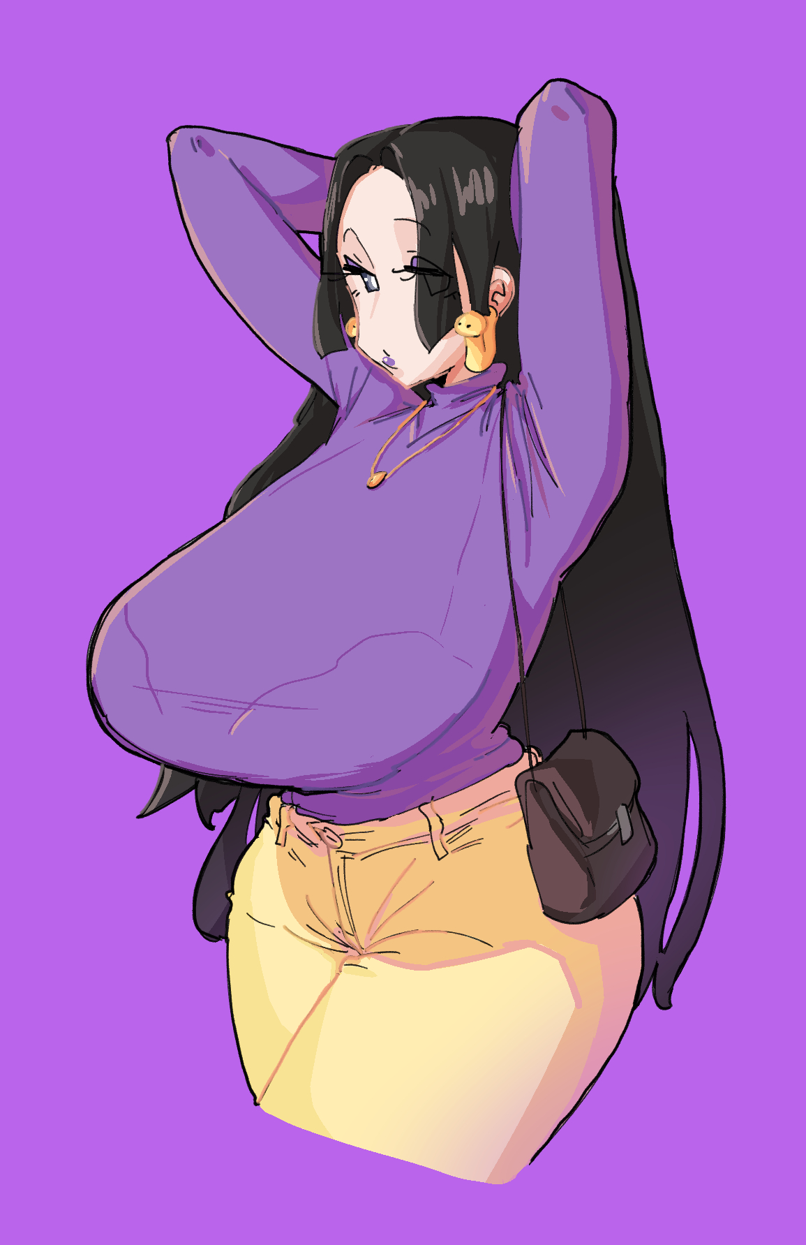 1girls, arms up, bag, big breasts, black eyes, black hair, boa hancock, bra, bra visible through clothes, bralines, breasts, earrings, eyeshadow, female, female only, fully clothed, grey eyes, large breasts, leebongchun, long sleeves, necklace, nipples, one piece, portrait, purple eyeshadow, purple lips, purple lipstick, purple shirt, purple topwear, purse, shoulder bag, snake earrings, solo, straight hair, turtleneck, very long hair, yellow legwear, yellow pants