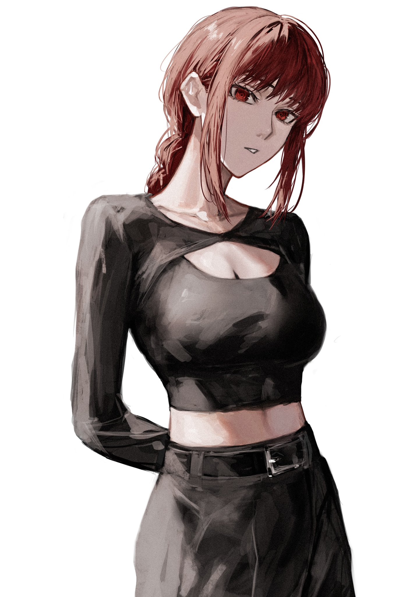 1girls, alternate costume, black belt, black tank top, breasts, chainsaw man, cleavage, female, looking at viewer, makima (chainsaw man), medium breasts, parted lips, raberu ruru, red hair, ringed eyes, solo, tank top, white background, yellow eyes