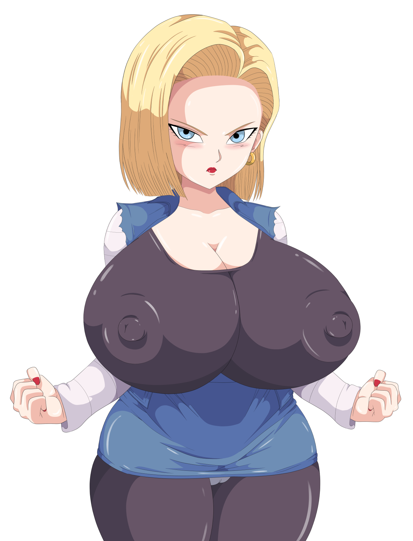 alternate version available, android 18, blonde hair, breasts, dragon ball, dragon ball z, erect nipples, erect nipples under clothes, female, huge breasts, miniskirt, nipples, toshiso, visible underwear
