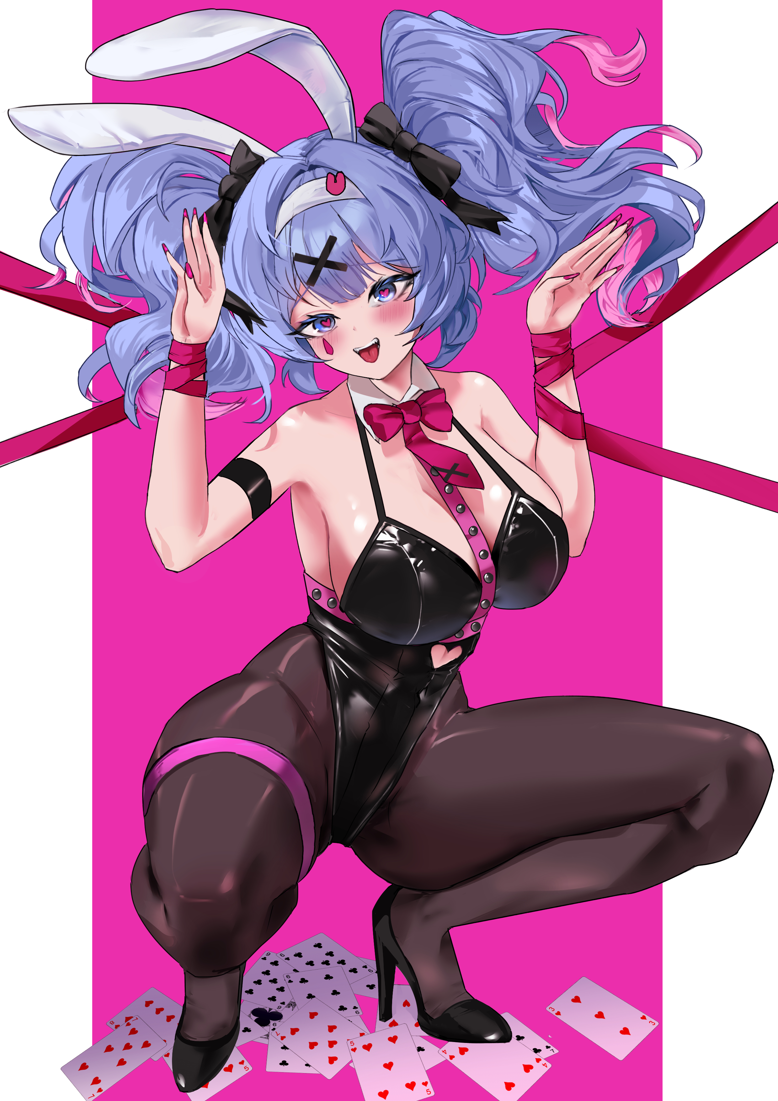 1girl, 1girls, 2024, animal ears, bangs, bare shoulders, black bow, black footwear, black leotard, black pantyhose, blue eyes, blue hair, blush, bondage, bow, bowtie, breasts, brown pantyhose, bunny ears, bunnysuit, card, cleavage, color, covered navel, detached collar, digital media (artwork), facial markings, fake animal ears, female, hair bow, hair ornament, hairband, handcuffs, hatsune miku, heart, heart-shaped pupils, high heels, large breasts, latex, latex leotard, leotard, long hair, looking at viewer, lopmong, mv character, nail polish, necktie, open mouth, pantyhose, pink background, pink nails, pink necktie, playboy bunny, playing card, pole, rabbit ears, rabbit hole (vocaloid), ribbon, smile, solo, squatting, symbol-shaped pupils, thigh strap, thighs, tights, tongue, tongue out, twintails, virtual youtuber, vocaloid, x hair ornament