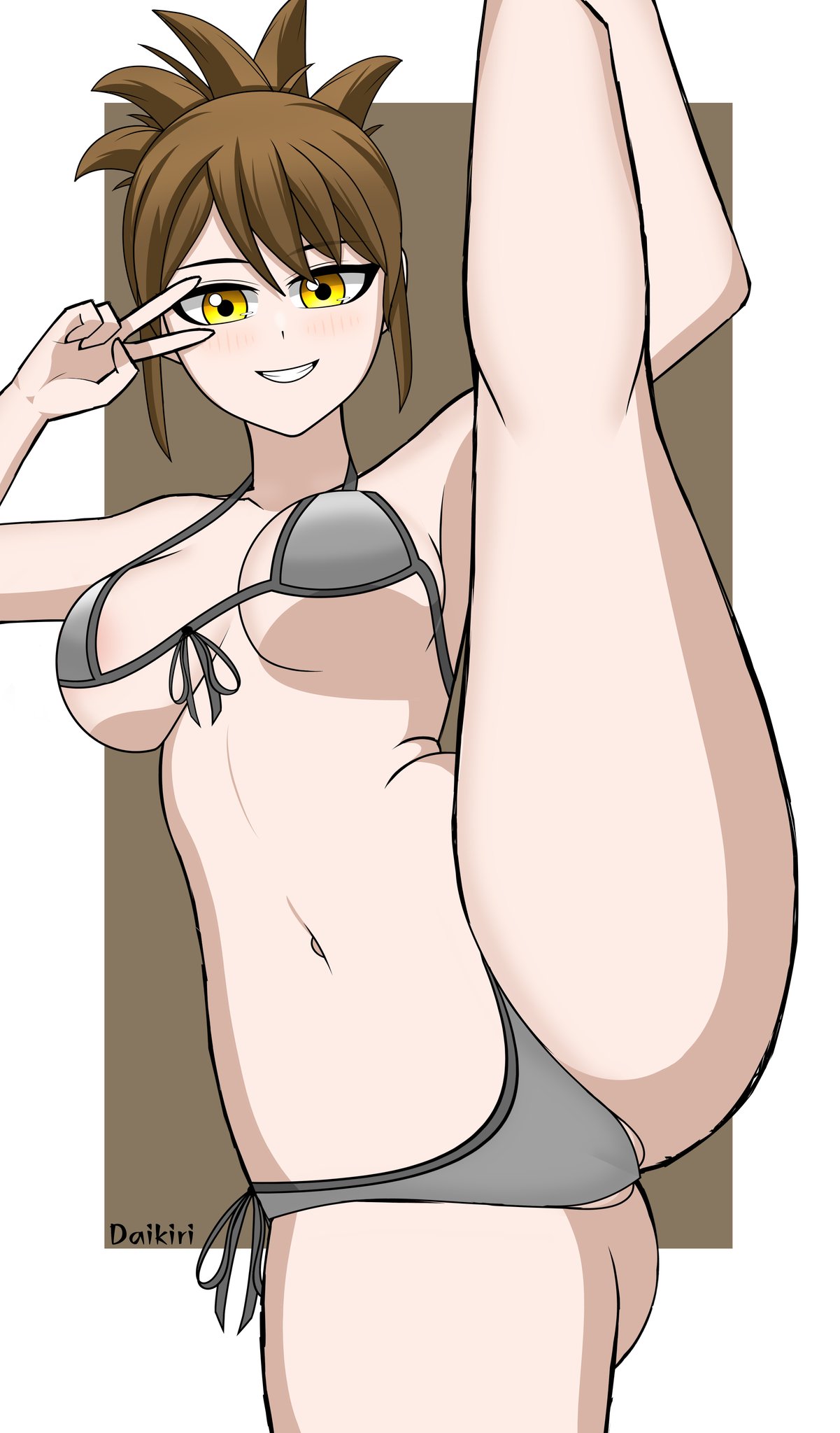 1girls bikini breasts brown_hair commission daikiri_di_mon dota_2 marci one_leg_up smiling smiling_at_viewer yellow_eyes