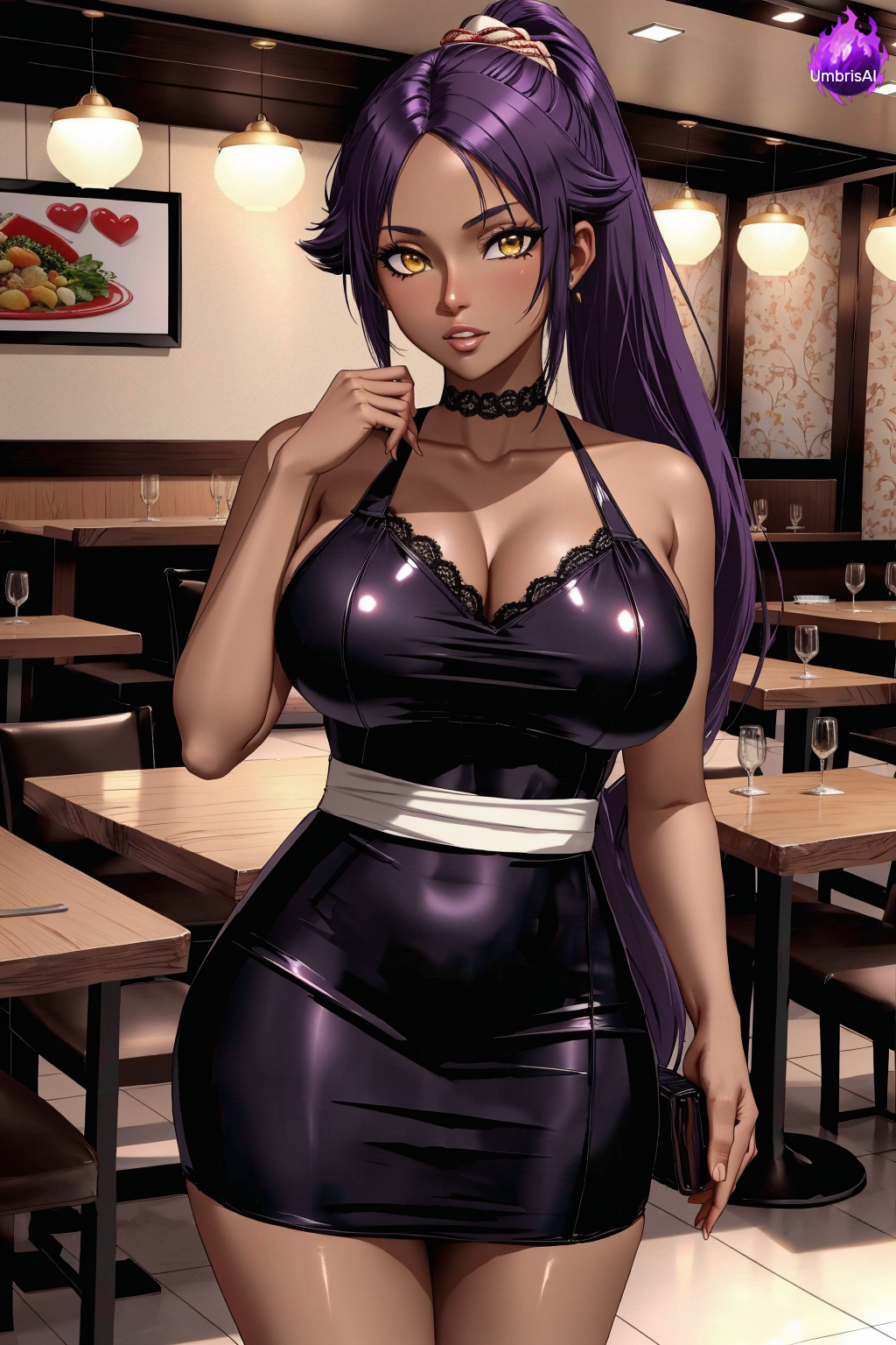 1girls ai_generated ass big_ass big_breasts black_dress bleach breasts dark_skin dress female female_only large_ass large_breasts long_hair looking_at_viewer navel navel_visible_through_clothes night_dress ponytail purple_hair shihouin_yoruichi solo thighs umbrisai voluptuous voluptuous_female wide_hips yellow_eyes