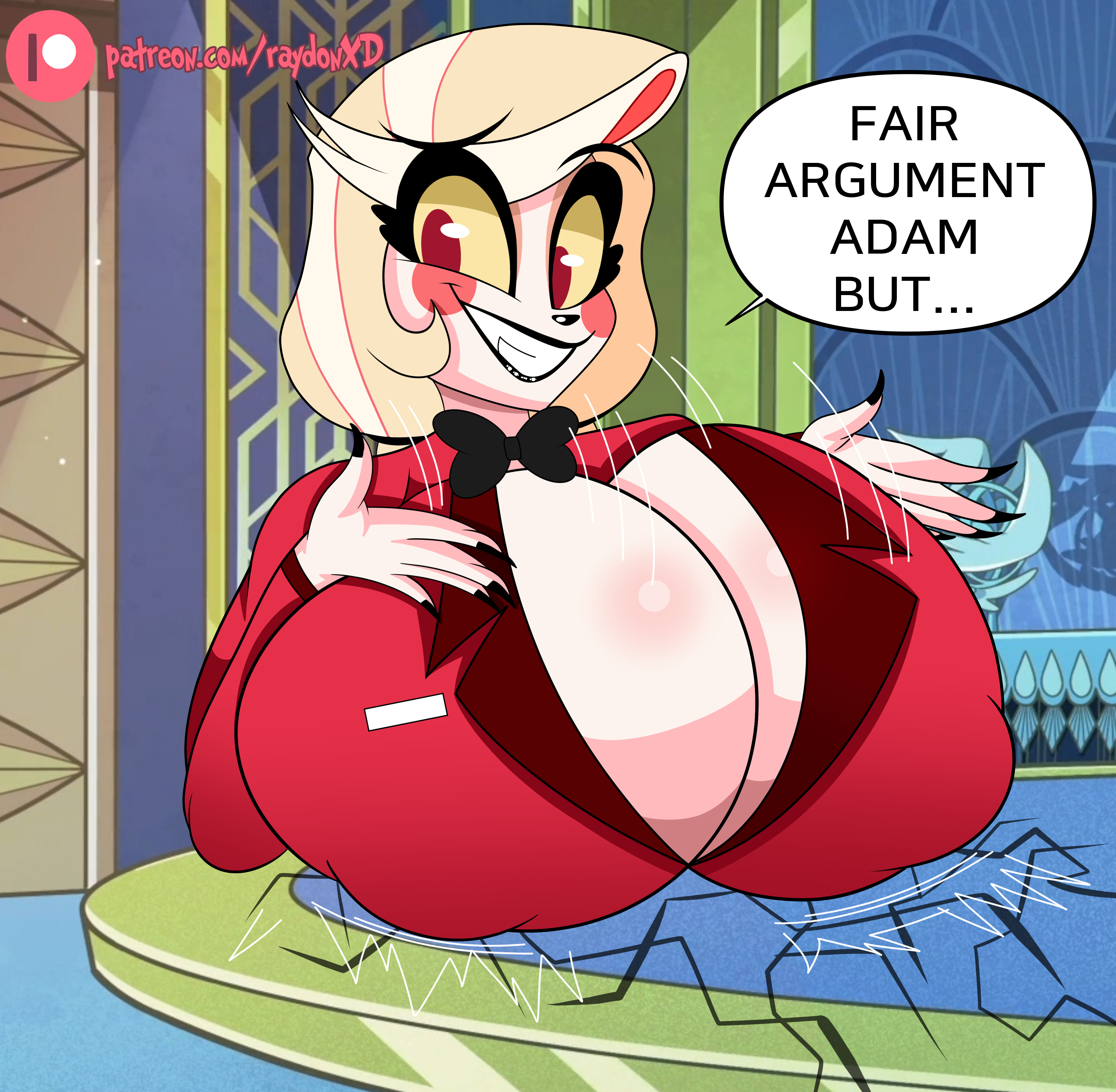 big breasts, black lipstick, blonde hair, blush stickers, breasts, breasts on table, charlie morningstar (hazbin hotel), cleavage, fair argument but..., female, hazbin hotel, huge breasts, large breasts, massive breasts, raydonxd, red pupils, smile, tagme, yellow sclera