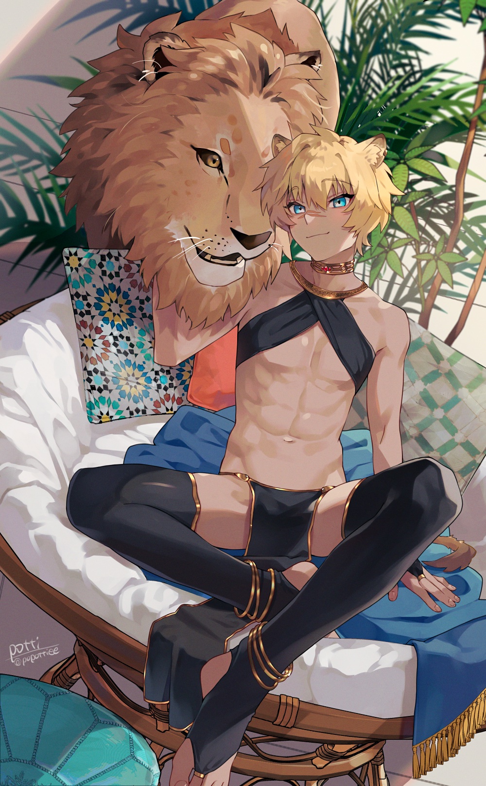 animal_ears anklet belly belly_button black_thighhighs blonde_hair blue_eyes bridal_gauntlets bridal_legwear choker closed_mouth dark-skinned_male dark_skin feet femboy feminine feminine_male foot girly gold_trim high_resolution jewelry lion lion_boy lion_ears lion_tail looking_at_viewer male male_focus male_only muscular muscular_male only_male original pelvic_curtain pillow potti-p scar scar_on_face shiny shiny_clothes shiny_hair shiny_skin short_hair sitting smile smiling smiling_at_viewer solo solo_focus solo_male stirrup_legwear stomach tail thighhighs