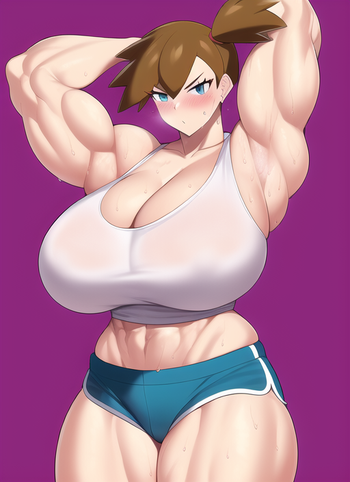 1girls abs ai_generated alternate_breast_size armpits arms_up biceps blue_eyes blue_shorts blush cleavage dolphin_shorts female female_only game_freak gigantic_breasts huge_breasts kasumi_(pokemon) large_breasts looking_at_viewer massive_breasts midriff muscular muscular_arms muscular_female muscular_thighs nai_diffusion nintendo pokemon pokemon_lgpe pokemon_rgby short_shorts shorts solo stable_diffusion steam steaming_body sweat tank_top thick_thighs voluptuous voluptuous_female white_tank_top wide_hips