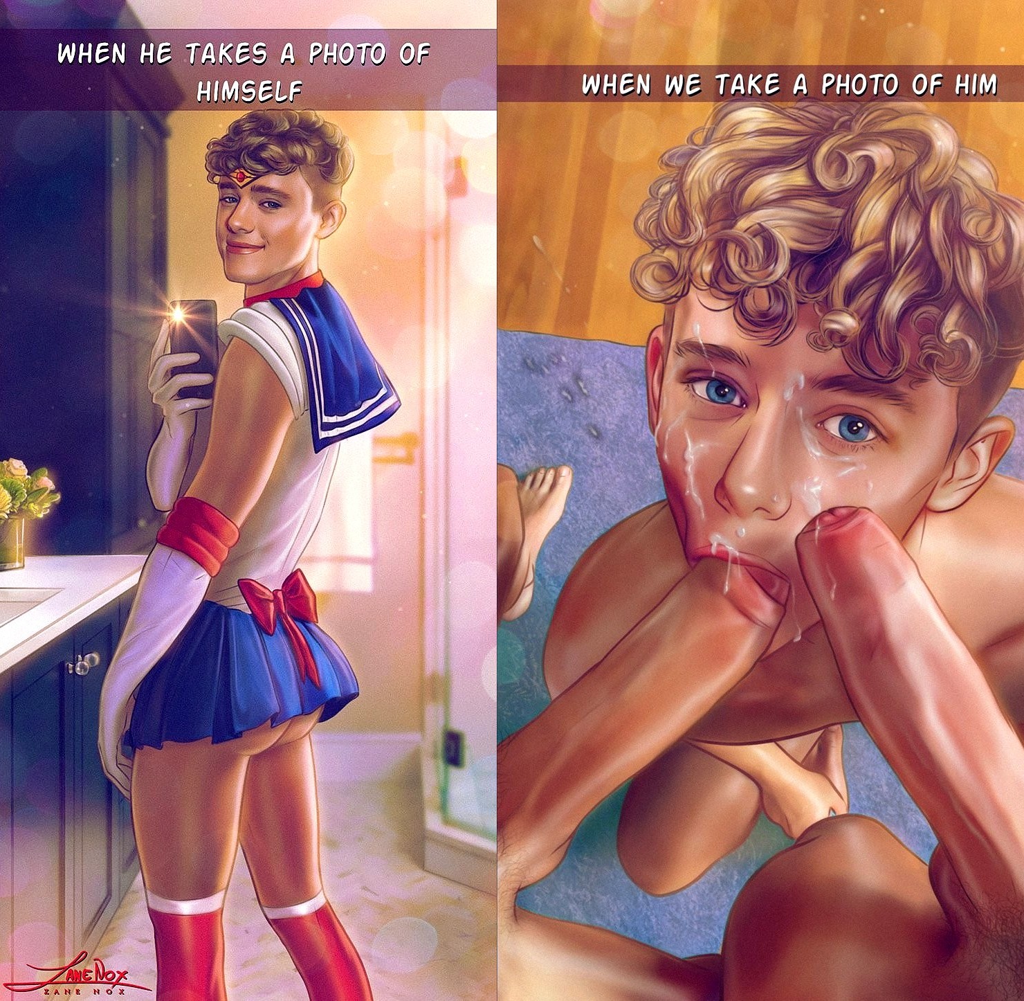 3boys, ass, big ass, big butt, big cock, big dick, big penis, bishoujo senshi sailor moon, blowjob, clothing, cosplay, crossdressing, cum, cum everywhere, cum in mouth, cum on face, curly hair, dominant male, domination, gay, gay blowjob, gay domination, gay sex, gay threesome, instant loss 2koma, male, male only, masculine crossdresser, oral sex, penis, realistic, sailor moon (cosplay), skinny, skinny male, skirt, snapchat, threesome, twink, yaoi, zane nox