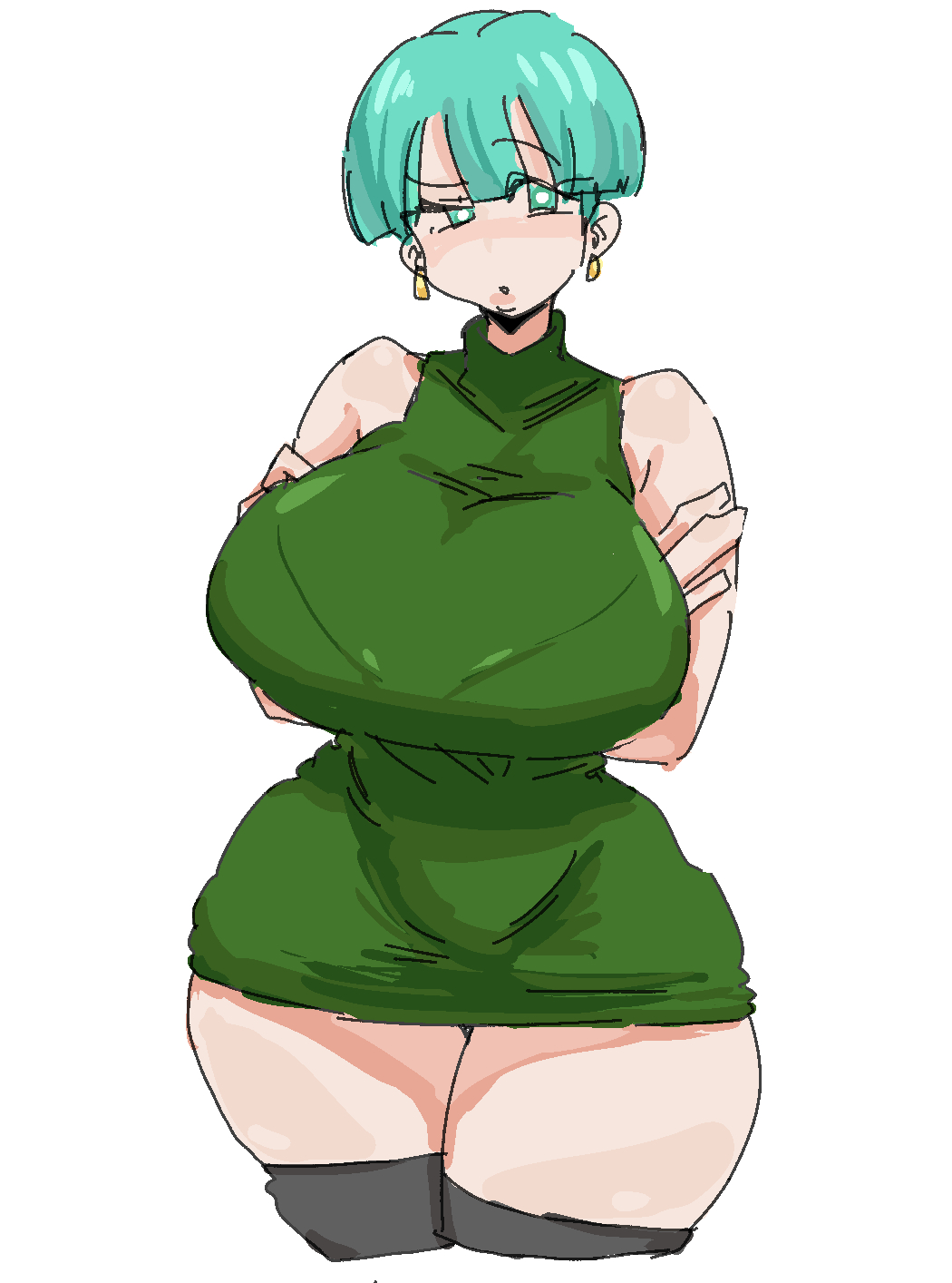 1girls 2d blue_hair bowl_cut bra bra_visible_through_clothes breasts bulma bulma_briefs bulma_briefs_(majin_buu_saga) crossed_arms crotch_seam dragon_ball dragon_ball_super dragon_ball_z dress earrings female folded_arms fully_clothed gold_earrings green_dress green_eyes large_breasts leebongchun mature mature_female milf no_penetration no_sex short_hair shoulderless_dress skin_tight solo solo_female thick_thighs thigh_squish thighs tight_clothing turtleneck wide_hips zettai_ryouiki