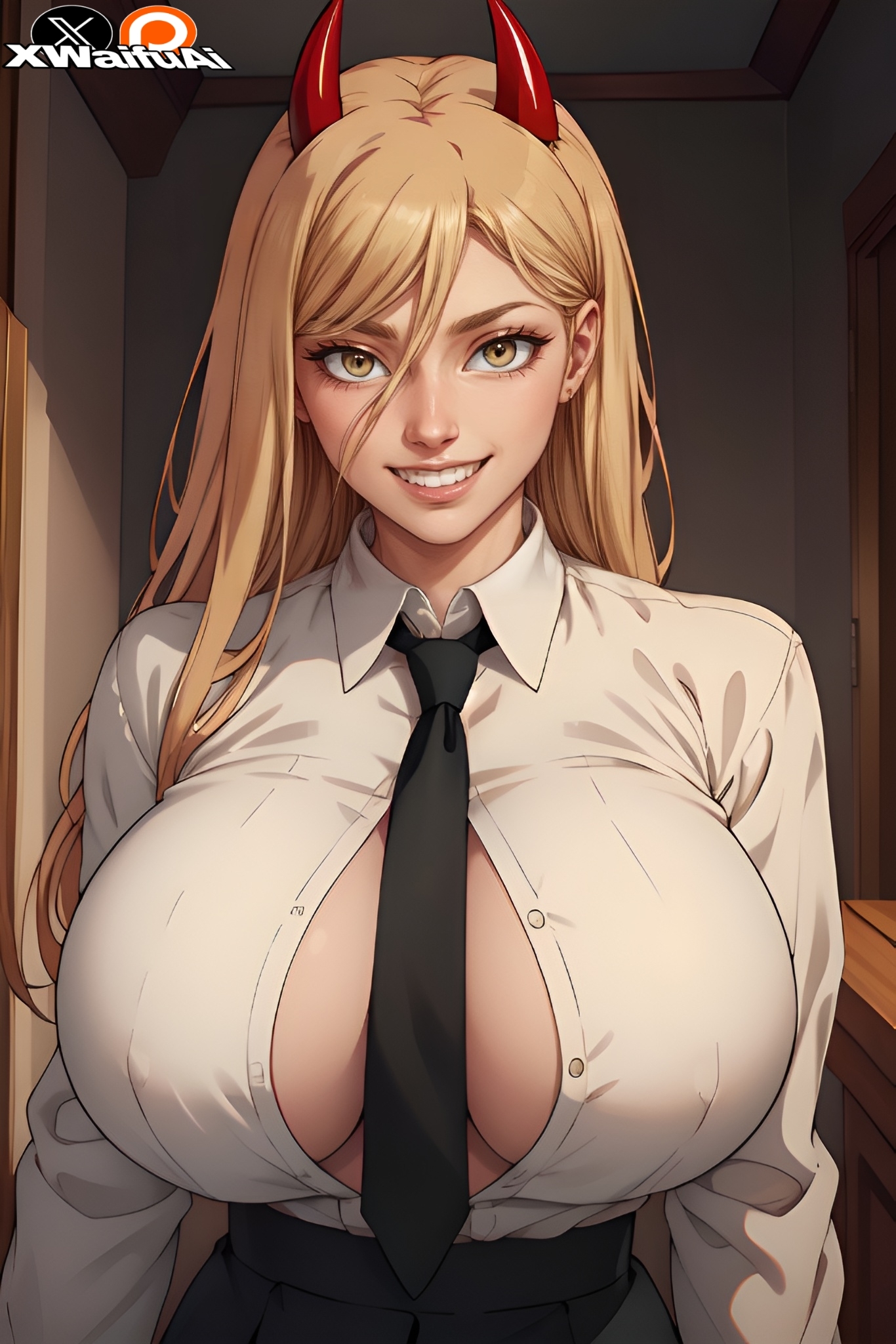ai generated, anime style, boob window, breasts, chainsaw man, cleavage cutout, demon, demon girl, devil, devil horns, female, horns, huge breasts, long hair, looking at viewer, office lady, power (chainsaw man), smile, solo, xwaifuai, yellow eyes