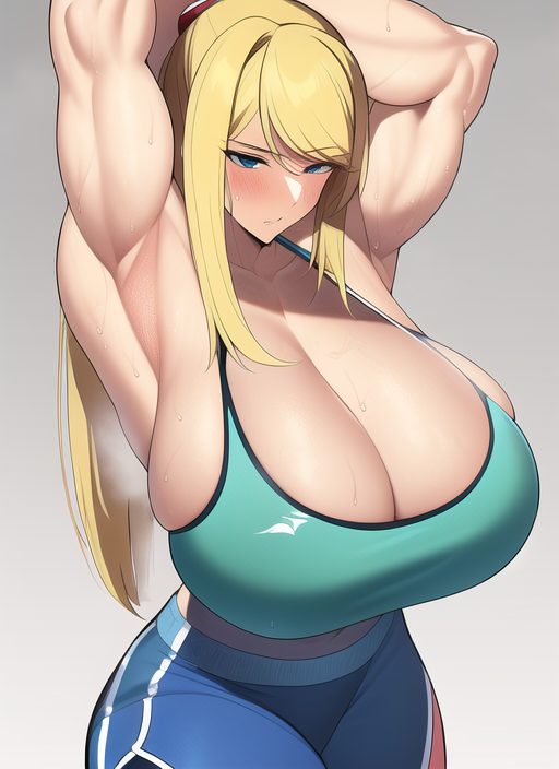 1girls, ai generated, armpits, arms up, biceps, blonde hair, blue eyes, blue shorts, blush, breasts, cleavage, dolphin shorts, female, gigantic breasts, green tank top, huge breasts, large breasts, massive breasts, metroid, muscular, muscular arms, muscular female, nai diffusion, nintendo, samus aran, short shorts, shorts, stable diffusion, steam, steaming body, sweat, tank top, voluptuous, voluptuous female