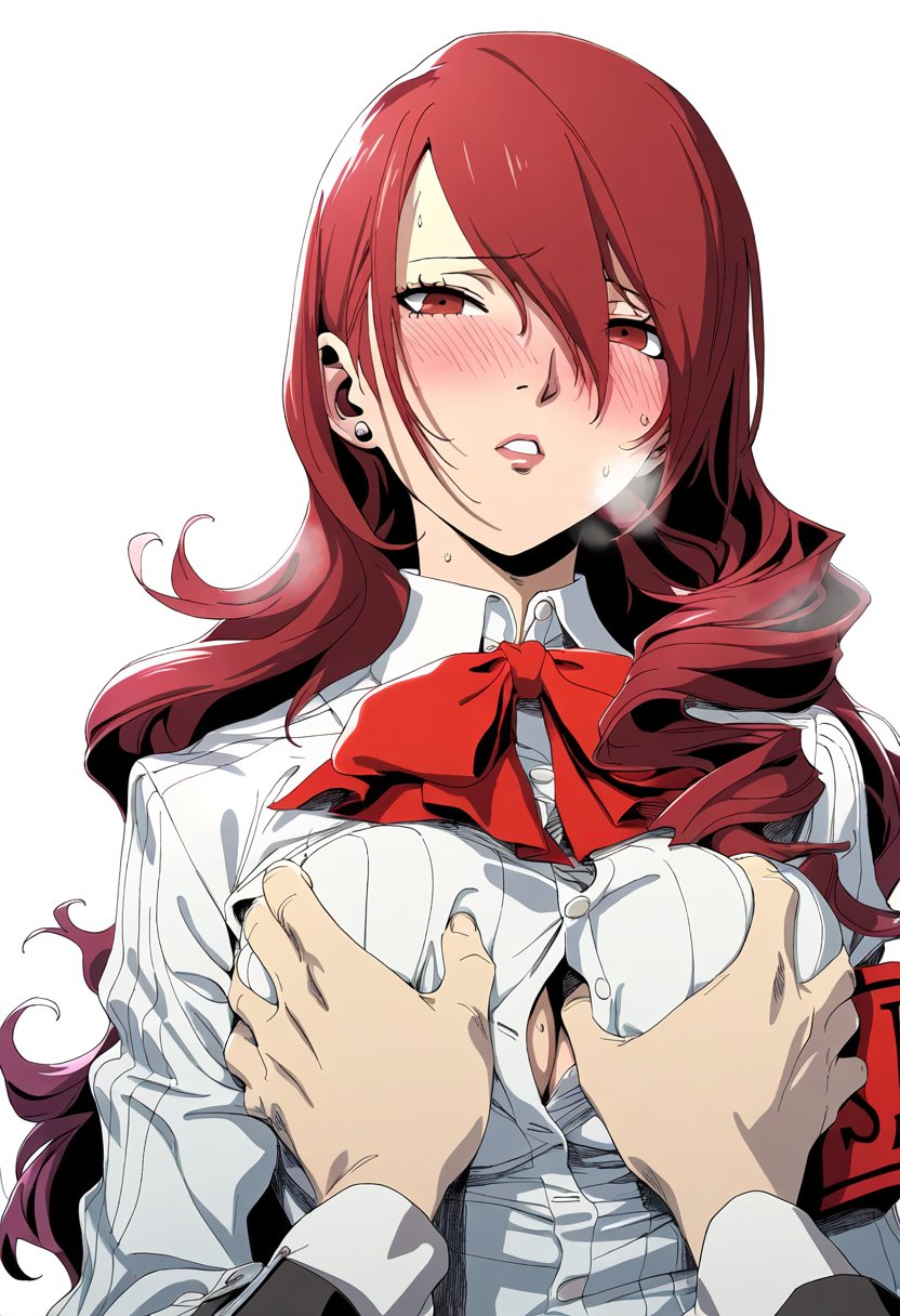 ai generated, aroused, artist request, big breasts, blush, breast squeeze, breast squish, breasts, choku to-san no kyonyū, earrings, embarrassed, embarrassed female, female, horny, horny female, long hair, makoto yuki, mitsuru kirijo, persona, persona 3, red eyes, red hair, school uniform, schoolgirl, sweating, teenager