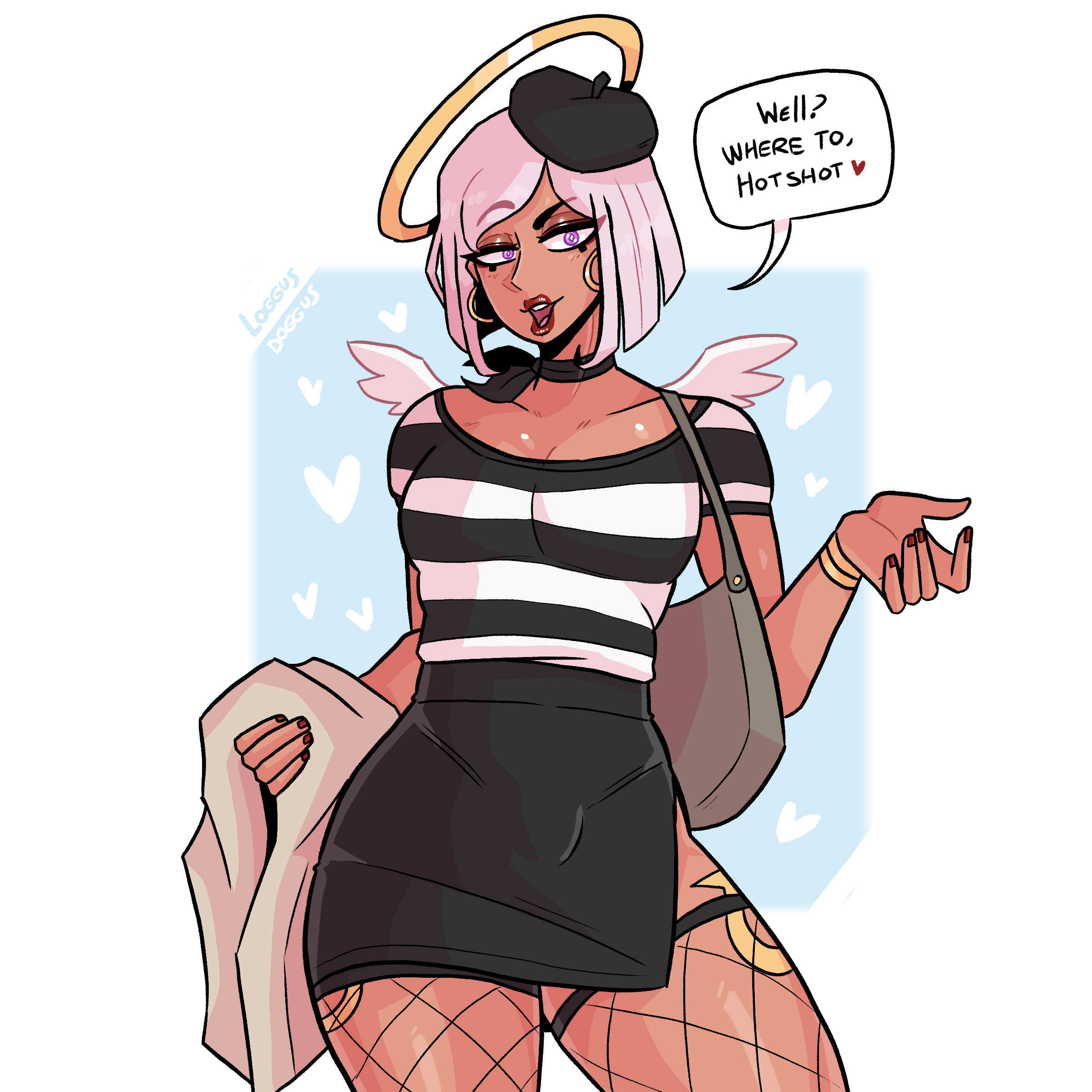 1boy, 1femboy, 2022, angel, angel wings, anhel (loggus doggus), beret, crossdressing, dark skin, dark-skinned femboy, dark-skinned male, dark-skinned sissy, dark-skinned twink, femboy, femboy only, fishnets, halo, hoop earrings, lipstick, loggus doggus, male, male only, original, original character, pencil skirt, pink hair, purse, red lipstick, simple background, skirt, solo, tanned, tanned skin, tattoo, tattoos, tight clothing