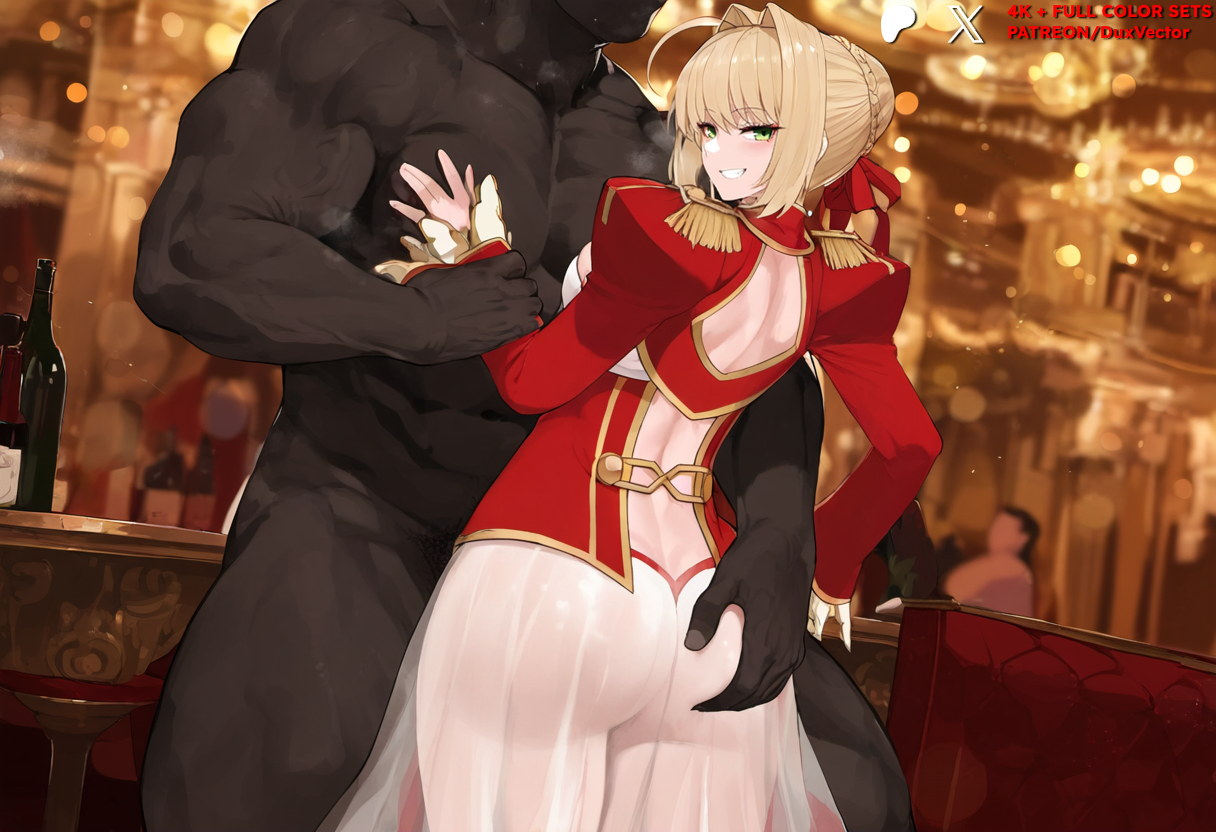 1boy, ahoge, ai generated, ass, ass grab, back, back cutout, bald, bangs, blonde hair, blush, bottle, braid, breasts, clothed female, clothed female nude male, clothing, clothing cutout, dark skin, dark-skinned male, dress, drinking glass, duxvector, epaulettes, fate (series), fate/extra, fate/grand order, female, french braid, from behind, gloves, green eyes, grin, groping, hair bun, hair intakes, hair ornament, hair ribbon, indoors, interracial, juliet sleeves, large breasts, long sleeves, looking at viewer, looking back, male, muscular, muscular male, nero claudius (fate), nero claudius (fate/extra), netorare, ntr, nude, nude male, penis, puffy sleeves, red dress, red ribbon, ribbon, see-through, sex, single hair bun, smile, snowbunny, solo focus, standing, straight, sweat, taken from behind, thick thighs, thighs, wine bottle