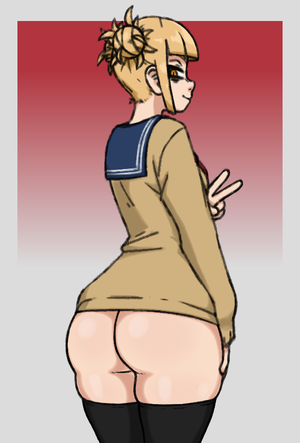 1girls ass big_ass black_thighhighs blonde_hair clothing dat_ass female female_only hair hair_bun himiko_toga huge_ass legwear my_hero_academia peace_sign rottedpaint smile solo solo_female thick_thighs thighhighs thighs topwear yellow_eyes