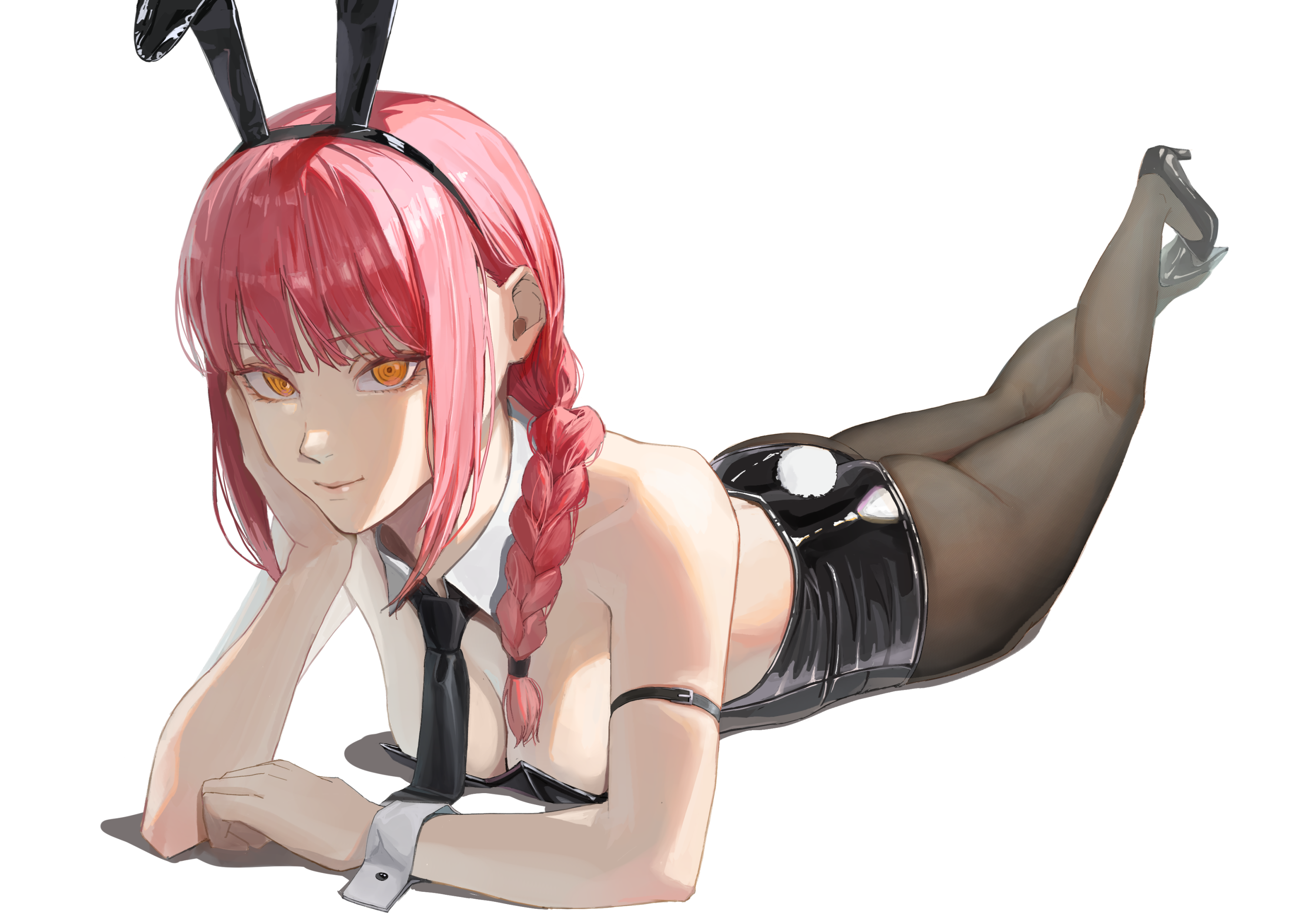 1girls, alternate costume, animal ears, ano (gccx8784), arm support, ass, bare shoulders, black leotard, black pantyhose, braid, breasts, bunny ears, bunnysuit, chainsaw man, cleavage, female, light smile, looking at viewer, makima (chainsaw man), on stomach, red hair, red-haired female, ringed eyes, solo, yellow eyes
