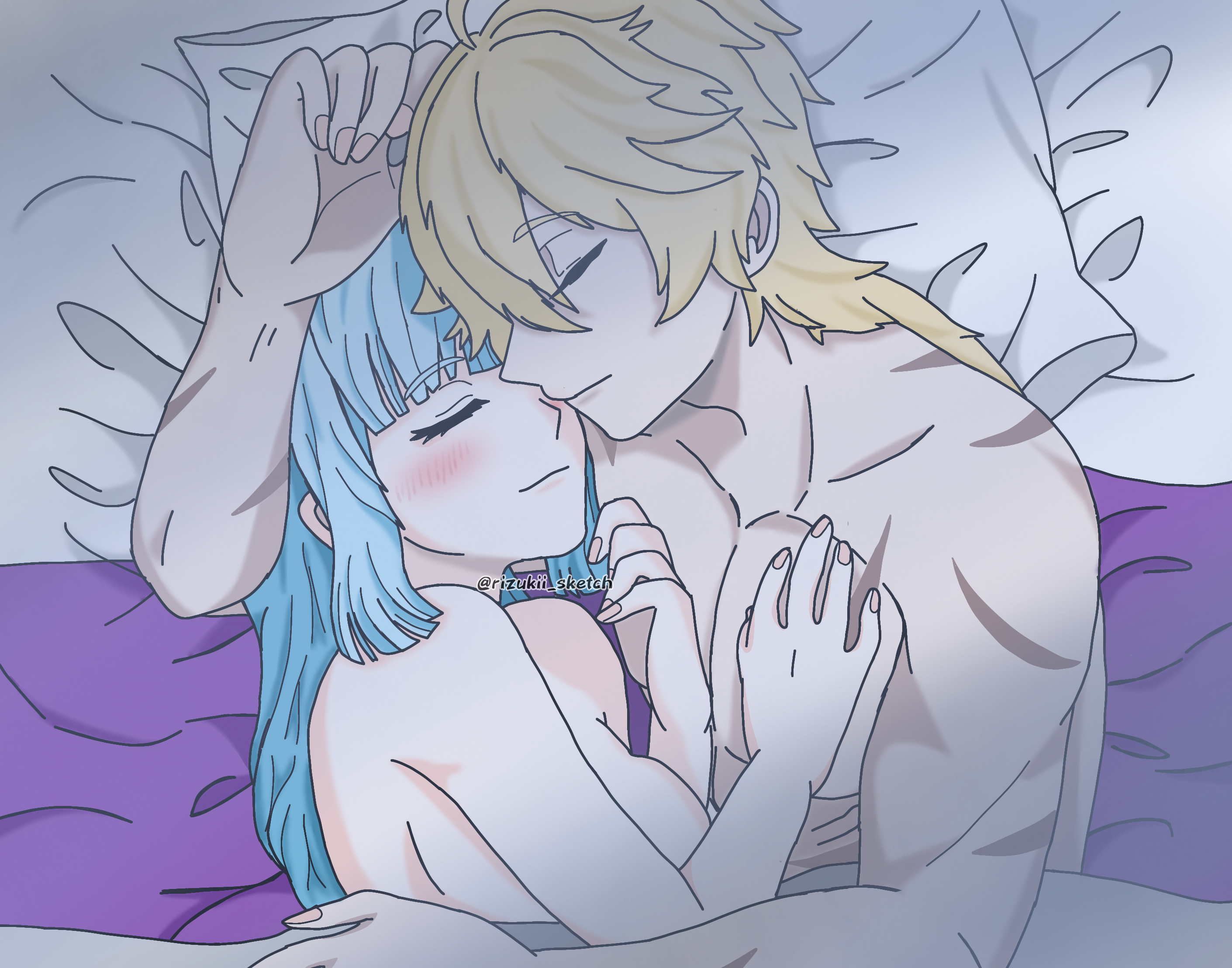 1boy, 1girls, aether (genshin impact), after sex, bed, color, drawing, female, genshin impact, hoyoverse, kamisato ayaka, male, mihoyo, rizuki suwoto, sleeping, straight, wholesome