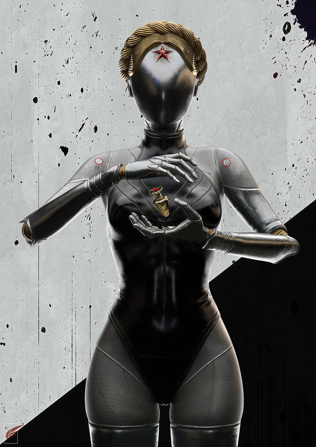 1girls, 3d, alternate version available, anal plug, android, atomic heart, blender, buttplug, curvy, curvy body, curvy female, curvy figure, female, female focus, female only, highres, looking at viewer, pose, posing, right (atomic heart), robot, robot girl, robot humanoid, sex toy, simple background, solo, solo focus, standing, the twins (atomic heart), thick thighs, vgerotica, watermark
