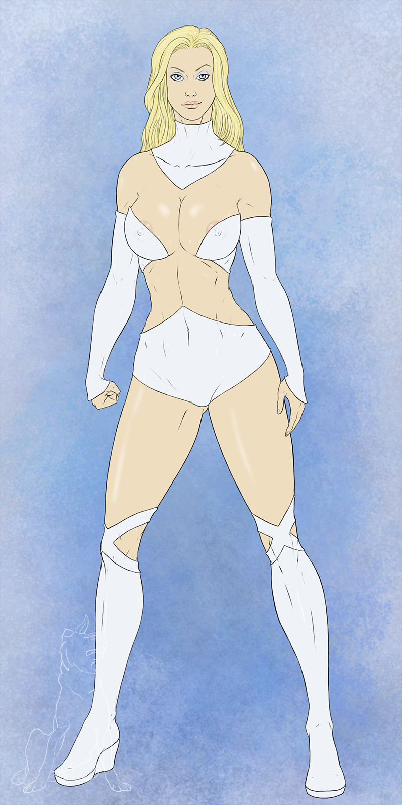 1girls big_breasts blonde_hair blue_eyes breasts choker digital_drawing_(artwork) emma_frost female female_only fit fit_female hornodoggo human human_only large_breasts light-skinned_female light_skin marvel marvel_comics mature mature_female midriff new_x-men nipple_bulge nipple_slip solo voluptuous voluptuous_female white_queen x-men