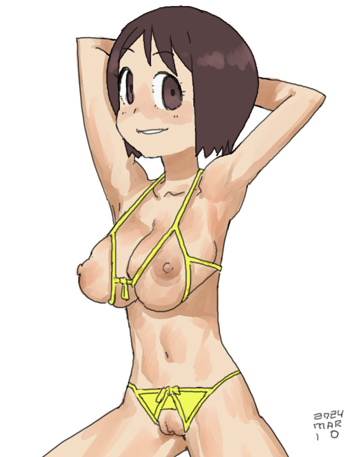 1girls 2024 arms_behind_back bikini brown_eyes brown_hair collarbone dated exposed_breasts exposed_pussy female female_only huge_breasts looking_to_the_side magazine_girl_(nichijou) magi nichijou nipples pussy short_hair simple_background smile solo solo_female vagina watermark white_background yellow_bikini