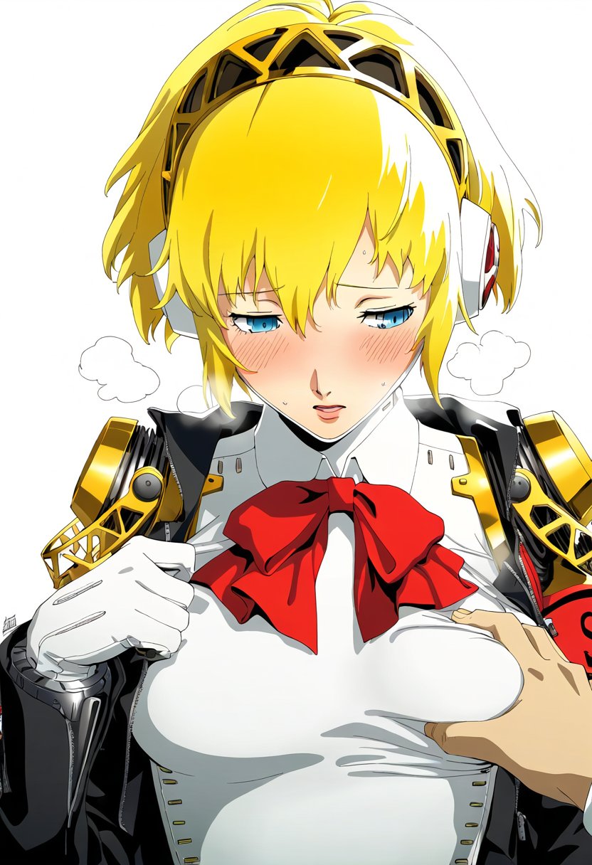 1boy 1boy1girl 1girls aegis_(persona) ai_generated aigis_(persona) aroused artist_request blonde_hair blue_eyes breast_squeeze breast_squish breasts choku_to-san_no_kyonyū embarrassed embarrassed_female female hair_ornament horny horny_female looking_away makoto_yuki male medium_breasts persona persona_3 ribbon short_hair sweating teenager tight_clothing