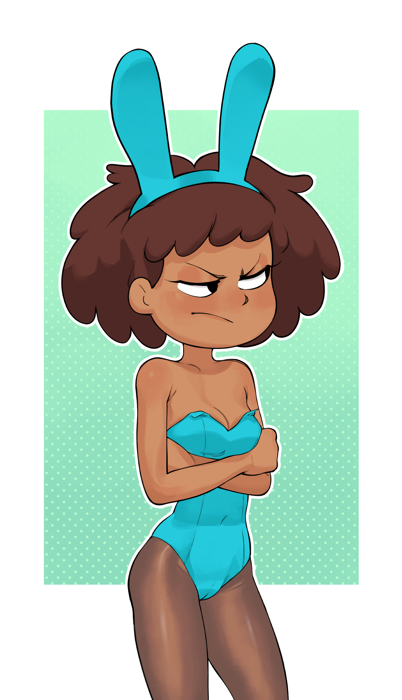 1girls, 2020s, 2022, amphibia, anne boonchuy, arms crossed, arms under breasts, bare shoulders, blush, breasts, brown hair, bunny ears, bunny girl, bunnysuit, cleavage, collarbone, costume, dark skin, dark-skinned female, disney, disney channel, female, female only, frown, hair ornament, hi res, looking away, medium hair, navel visible through clothes, negao, small breasts, smooth skin, solo, standing, teenage female, teenager, thai, thai female, young