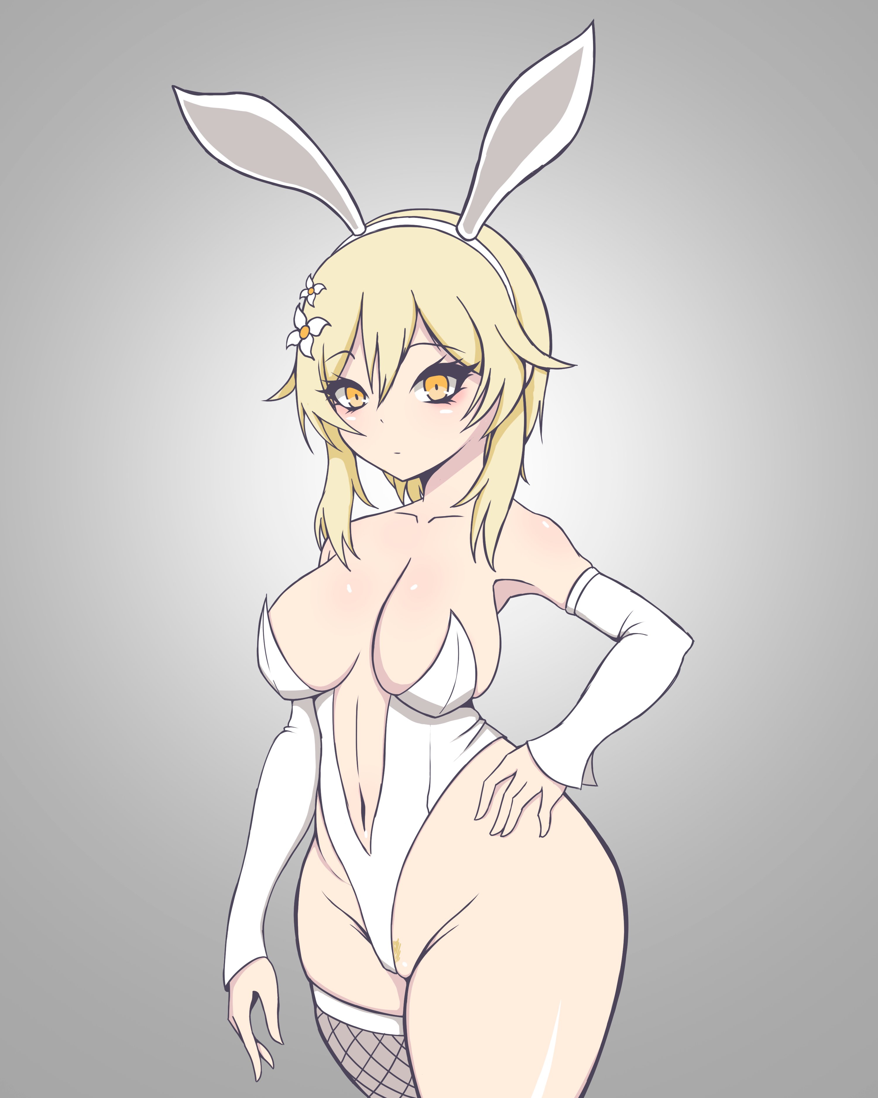1girls, armwear, blonde hair, bunny ears, bunnysuit, curvy, curvy female, curvy figure, female, fishnet, fishnet thighhighs, fishnets, genshin impact, golden eyes, hand on hip, lumine (genshin impact), one thighhigh, saltdrawyou, solo, solo female, thighhighs, wide hips, yellow eyes
