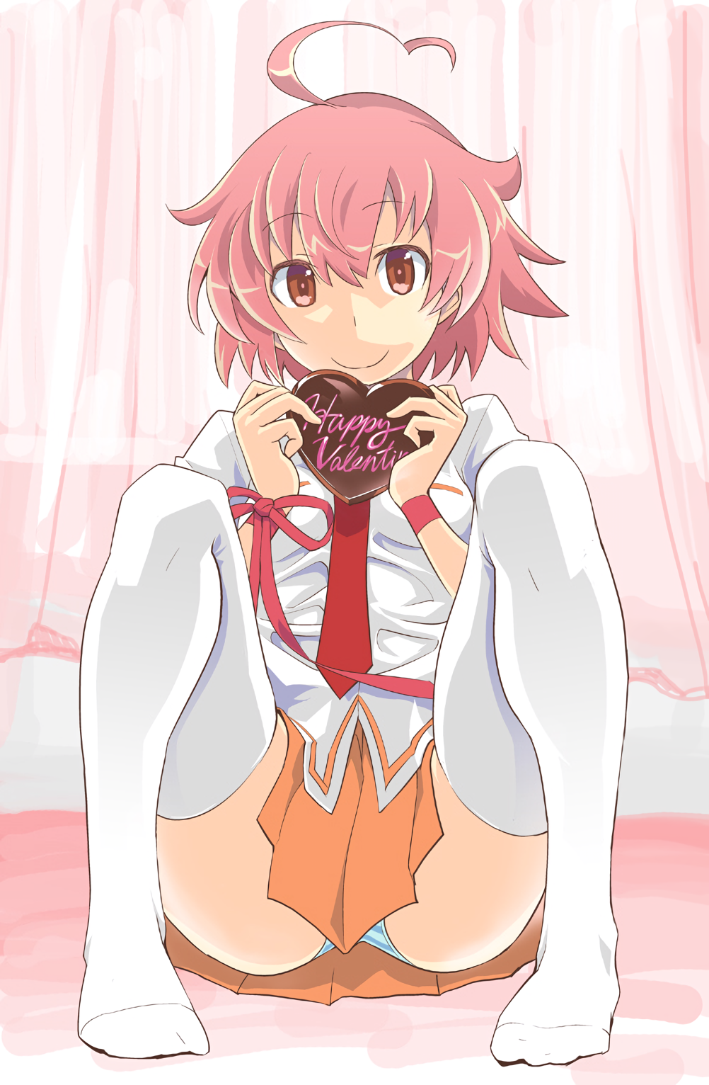 1girls ahoge aino_heart aq_interactive arcana_heart arcana_heart_2 arcana_heart_3 atlus bow candy chocolate chocolate_heart cute examu female female_only food happy_valentine heart heart_ahoge highres misono_gakuen_school_uniform necktie orange_skirt panties pantyshot pink_hair ribbon school_uniform sitting skirt socks solo striped striped_panties takashi_moritaka thigh_socks thighhighs underwear upskirt valentine white_socks wholesome wrist_ribbon