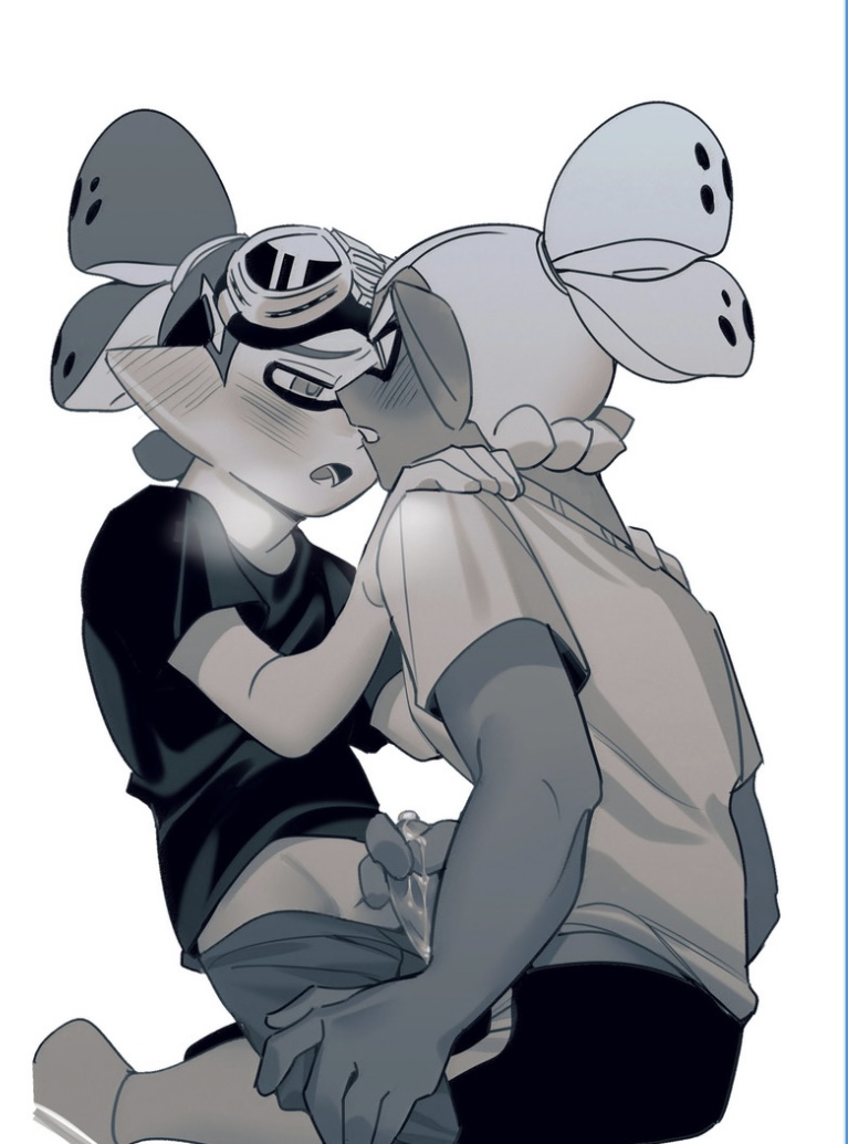 2boys dark-skinned_male femboy frottage gay goggles_(splatoon) goggles_on_head light-skinned_male male/male male_only pandar_ika precum rider_(splatoon) splatoon splatoon_(manga) steam yaoi