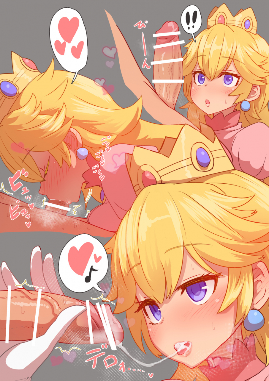 !! 1girls anon bar_censor blonde_hair blowjob blue_eyes blush censored closed_eyes crown cum cum_in_mouth cum_string deepthroat earrings eyebrows_visible_through_hair fellatio female grey_background half-closed_eyes handjob heart hi_res japanese_text mario_(series) nintendo oral penis princess_peach spoken_heart spoken_musical_note sumiyao_(amam)