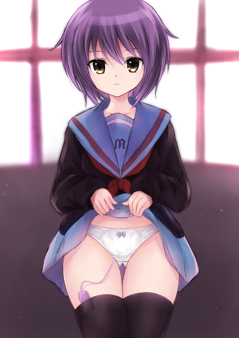 bangs black_thighhighs blue_sailor_collar blue_skirt brown_cardigan brown_eyes cardigan closed_mouth clothes_lift collarbone commentary_request egg_vibrator expressionless female katze_(pixiv) kita_high_school_uniform lifted_by_self long_sleeves looking_at_viewer nagato_yuki neckerchief panties purple_hair red_neckerchief red_ribbon ribbon sailor_collar school_uniform serafuku sex_toy short_hair skirt skirt_lift solo suzumiya_haruhi_no_yuuutsu thighhighs underwear vibrator white_panties zettai_ryouiki