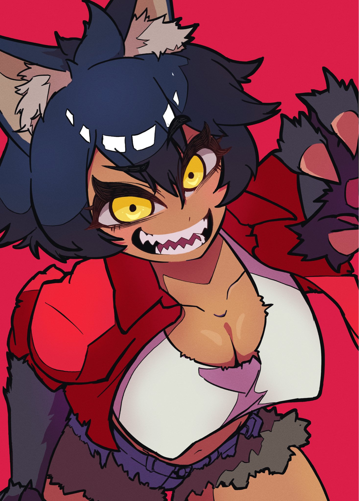 black hair, borrowed character, breasts, brown body, brown skin, canine, cleavage, dark skin, dark-skinned female, female, female only, furry, original, original character, red background, rudy the werewolf (crap-man), satou0526, tagme, tomboy, werewolf, werewolf girl, yellow eyes