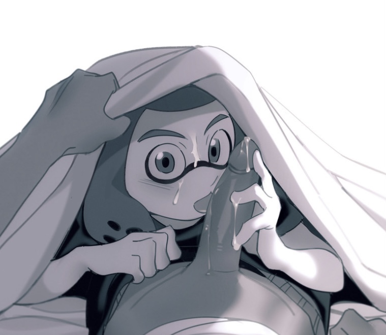 blowjob blushing cum_on_face gay goggles_(splatoon) inkling inkling_boy licking_penis looking_at_viewer male_only offscreen_male pandar_ika splatoon splatoon_(manga) surprised under_covers yaoi