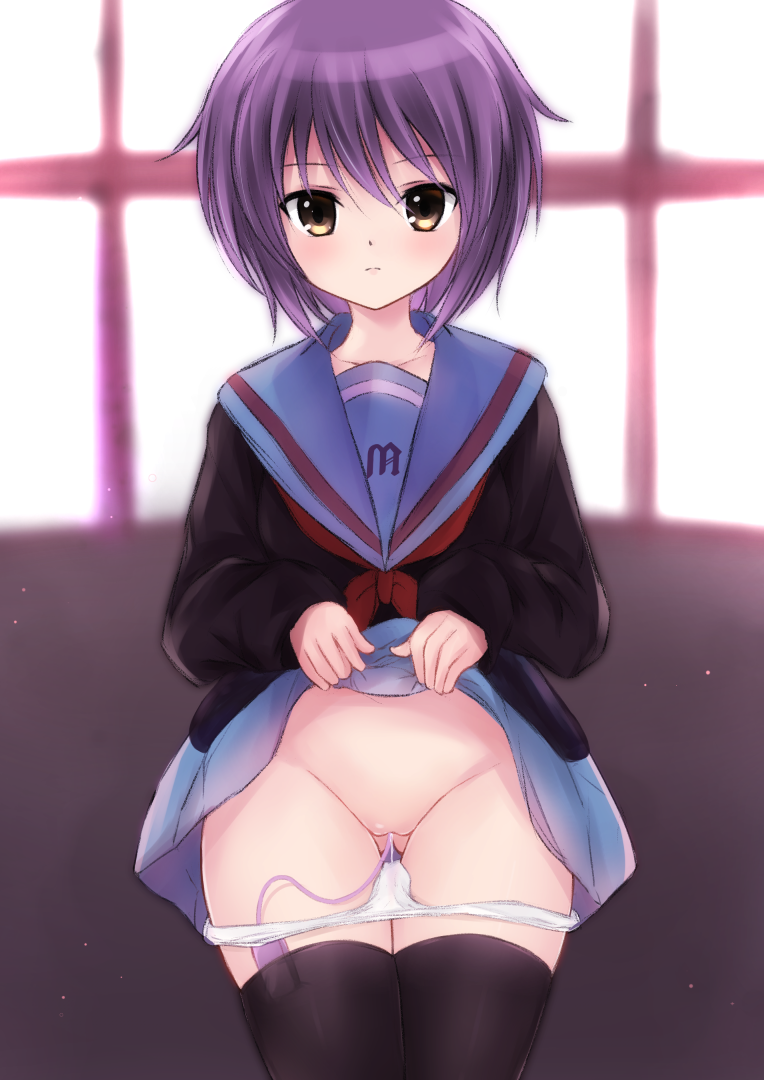 bangs black_thighhighs blue_sailor_collar blue_skirt brown_cardigan brown_eyes cardigan closed_mouth clothes_lift collarbone commentary_request egg_vibrator expressionless female katze_(pixiv) kita_high_school_uniform lifted_by_self long_sleeves looking_at_viewer nagato_yuki neckerchief panties panty_pull purple_hair pussy red_neckerchief red_ribbon ribbon sailor_collar school_uniform serafuku sex_toy short_hair skirt skirt_lift solo suzumiya_haruhi_no_yuuutsu thighhighs underwear vibrator white_panties zettai_ryouiki