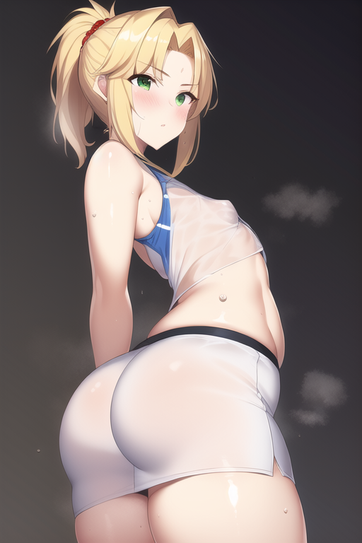 1girls ai_generated alternate_breast_size ass ass_in_dress back back_view blonde_hair breasts dress_inside_ass fate/apocrypha fate/grand_order fate_(series) female flat_chest green_eyes hips huge_ass large_breasts light-skinned_female light_skin medium_hair mordred_(fate) nai_diffusion ponytail skirt slim_waist small_breasts stable_diffusion tank_top thick_thighs thighs tight_skirt wide_hips