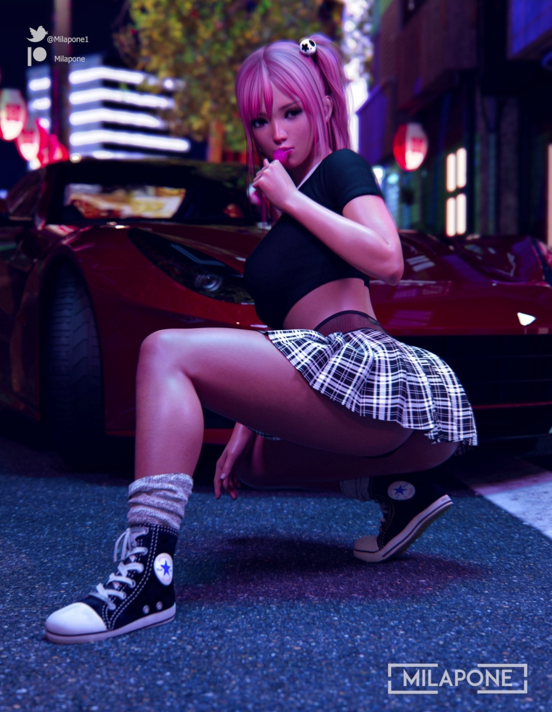 1girls, 3d, ass, big ass, big breasts, breasts, clothing, crouching, dead or alive, female, female only, hair ornament, hi res, honoka (doa), large breasts, lollipop, looking at viewer, milapone, pale skin, plaid skirt, skirt, solo, tagme, thick thighs