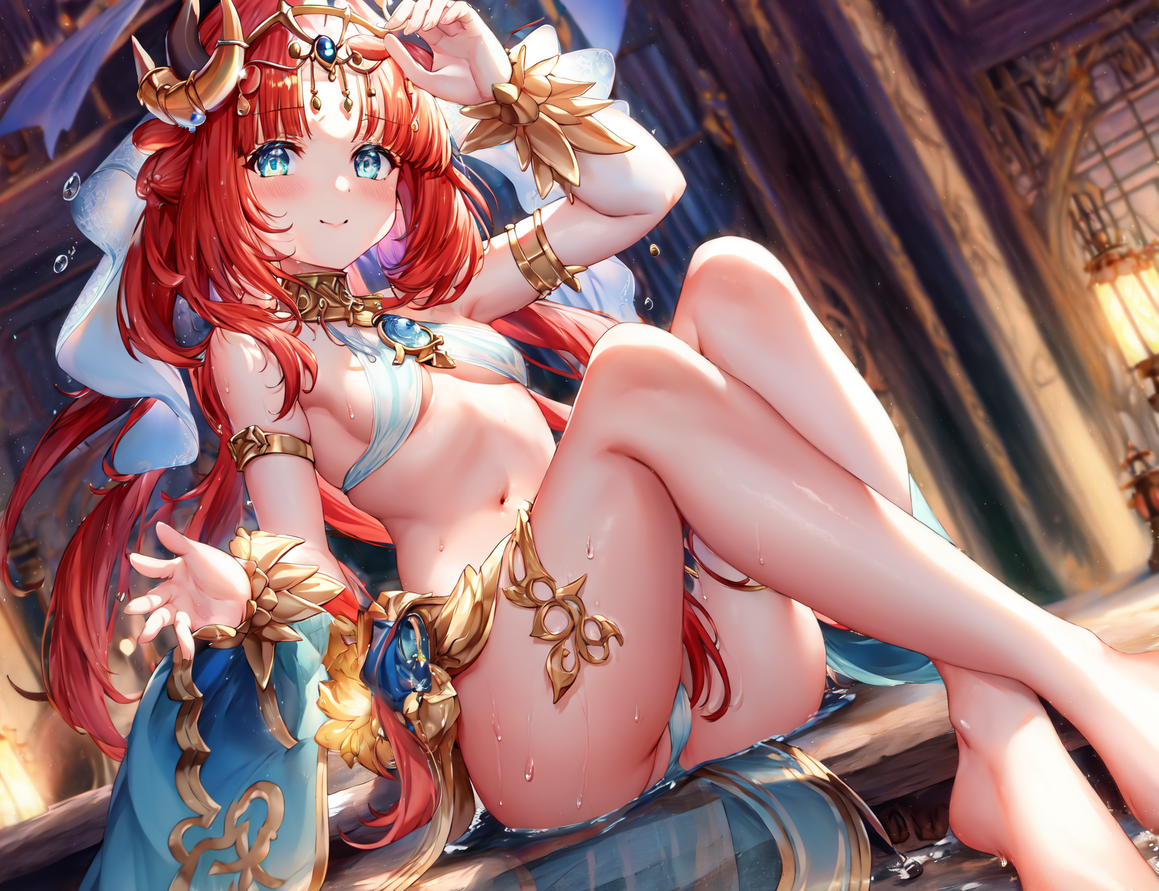 1girls, ai generated, belly dancer, belly dancer outfit, blue eyes, blush, breasts, feet, female, female only, genshin impact, hi res, horns, jewelry, legs, looking at viewer, nai diffusion, navel, nilou (genshin impact), red hair, revealing clothes, skirt, small breasts, smile, stable diffusion, veil, wet