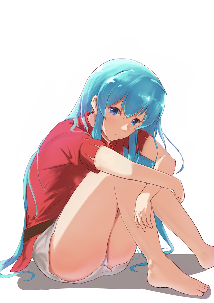 1girls aqua_hair barefoot blue_eyes closed_mouth commentary_request eirika_(fire_emblem) female female female_only fire_emblem fire_emblem:_the_sacred_stones highres hirotaka_(hrtk990203) knees_up long_hair looking_at_viewer nintendo panties pantyshot pantyshot_(sitting) red_shirt shirt short_sleeves simple_background sitting skirt solo underwear upskirt white_background white_panties white_skirt