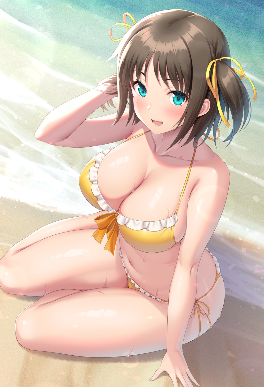 beach blue_eyes breasts brown_hair kawase_seiki looking_at_viewer ronye_arabel shiny_skin swimsuit sword_art_online sword_art_online_alicization water wave