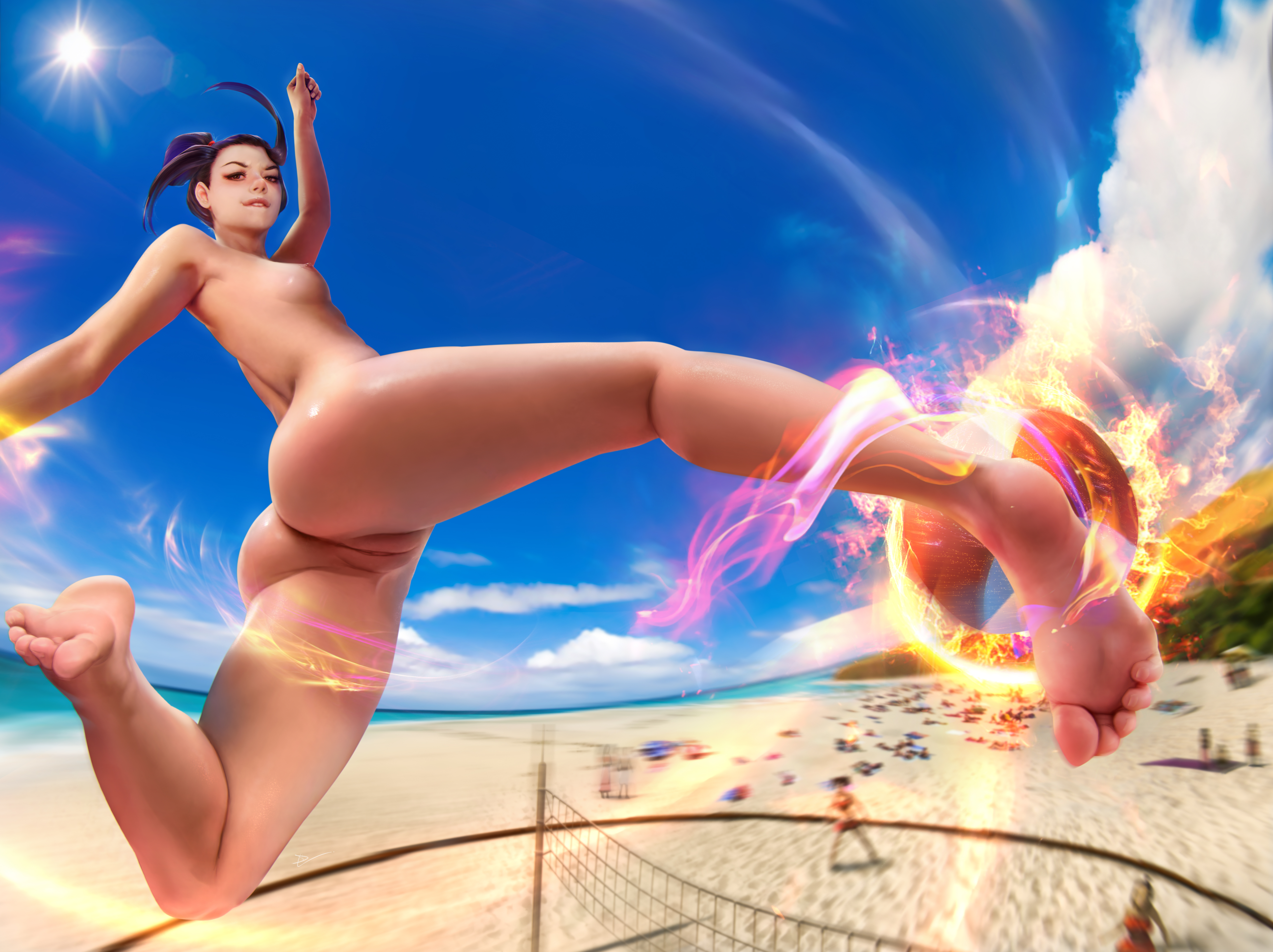 1girls, areolae, ass, avatar the last airbender, azula, barefoot, beach, black hair, breasts, demonlorddante, feet, female, female only, fire, highres, innie pussy, looking at viewer, naked, nipples, nude, nude female, pussy, realistic, small breasts, soles, solo, solo female, solo focus, toes, volleyball, yellow eyes
