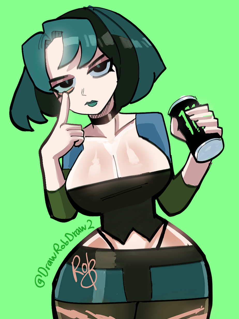 ass, big breasts, blue hair, breasts, cartoon network, choker, cleavage, cowboy shot, curvy, curvy female, curvy figure, drawrobdraw2, drink, energy drink, female, fresh tv, front view, gesture, goth, green background, gwen (tdi), highleg panties, holding can, medium hair, midriff, monster energy, monster energy drink, signature, solo, thick thighs, thighs, thong, total drama island, two-tone hair, wasp waist, zettai ryouiki