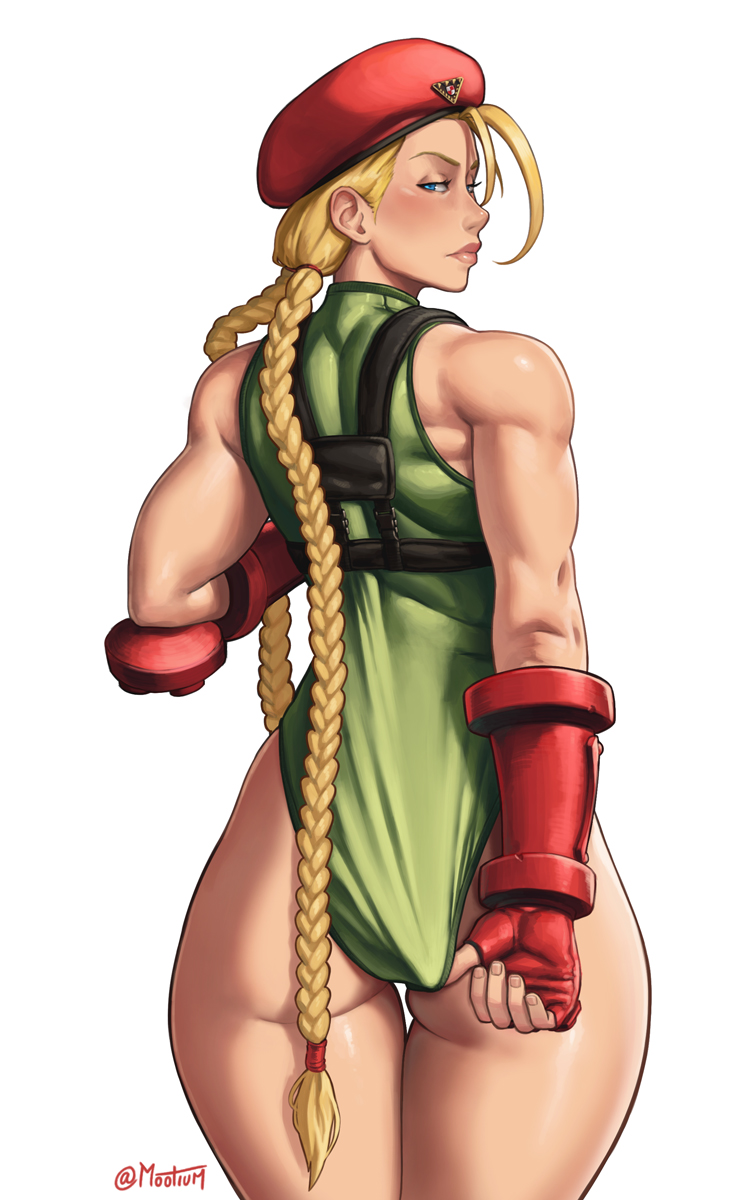 1girls 2d 2d_(artwork) artist_signature ass beret blonde_hair blue_eyes cammy_white capcom clothing female leotard leotard_pull long_hair looking_at_viewer looking_back mootium muscles muscular_female red_beret solo solo_female solo_focus street_fighter tagme twin_braids wedgie