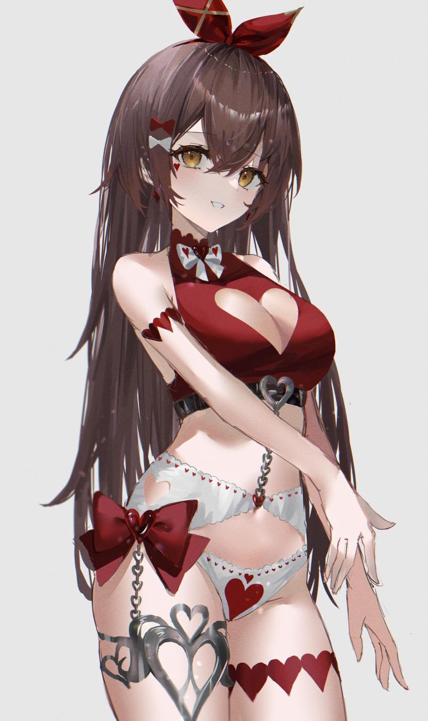 1girls amber_(genshin_impact) armlet bow_in_hair breasts brown_hair chains cleavage_cutout crop_top face_paint garter_belt garter_straps genshin_impact hairband heart_cutout large_breasts lingerie long_hair looking_at_viewer midriff panties raiya_atelier red_crop_top thighlet white_garter_belt white_garter_straps white_panties yellow_eyes