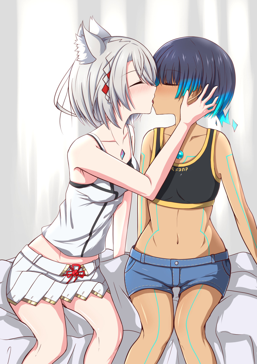 2girls black_bra black_hair bra breasts cat_ears closed_eyes core_crystal fiery_hair glowing_lines hand_on_head jean_shorts kissing light_xion midriff mio_(xenoblade) multiple_girls navel nintendo sena_(xenoblade) short_hair short_shorts shorts side_ponytail silver_hair sitting skirt small_breasts sports_bra tank_top white_skirt white_tank_top xenoblade_(series) xenoblade_chronicles_3 yuri