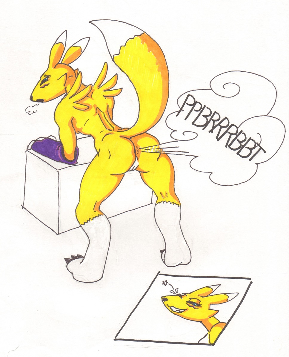 anthro anus ass bandai_namco bent_over canid canine digimon digimon_(species) fart fart_fetish female flirting_with_viewer fox humanoid mammal muscular one_eye_closed presenting presenting_hindquarters raised_tail renamon slikfiji solo solo_focus wink