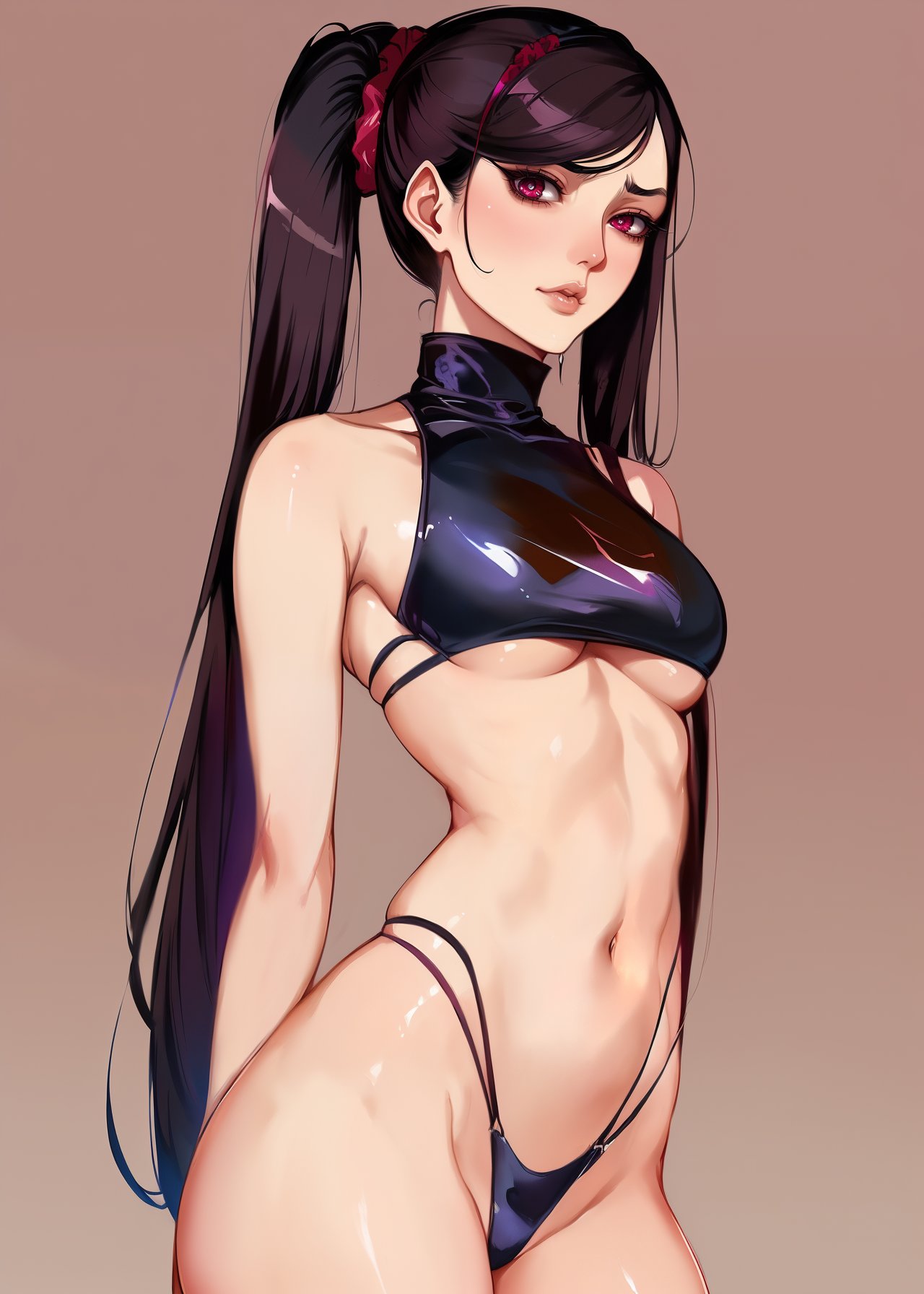 1girls, ai generated, black hair, breasts, female, female only, high resolution, long hair, looking at viewer, nai diffusion, original, small breasts, solo, stable diffusion, thong, twintails (hairstyle)
