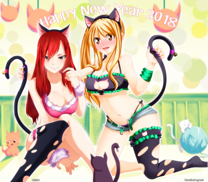 2girls black_bra black_lingerie black_panties black_socks blonde_hair bra breasts brown_eyes cat_ears cat_keyhole_bra cat_keyhole_lingerie cat_lingerie cat_tail claudia_dragneel cleavage_cutout denim_shorts erza_scarlet fairy_tail fake_animal_ears fake_tail female female_only hand_on_tail kisi86 large_breasts lingerie long_hair looking_at_viewer lucy_heartfilia midriff navel painted_fingernails panties red_bra red_hair shorts side-tie_panties socks thigh_socks thighhighs unbuttoned_shorts yarn yarn_ball