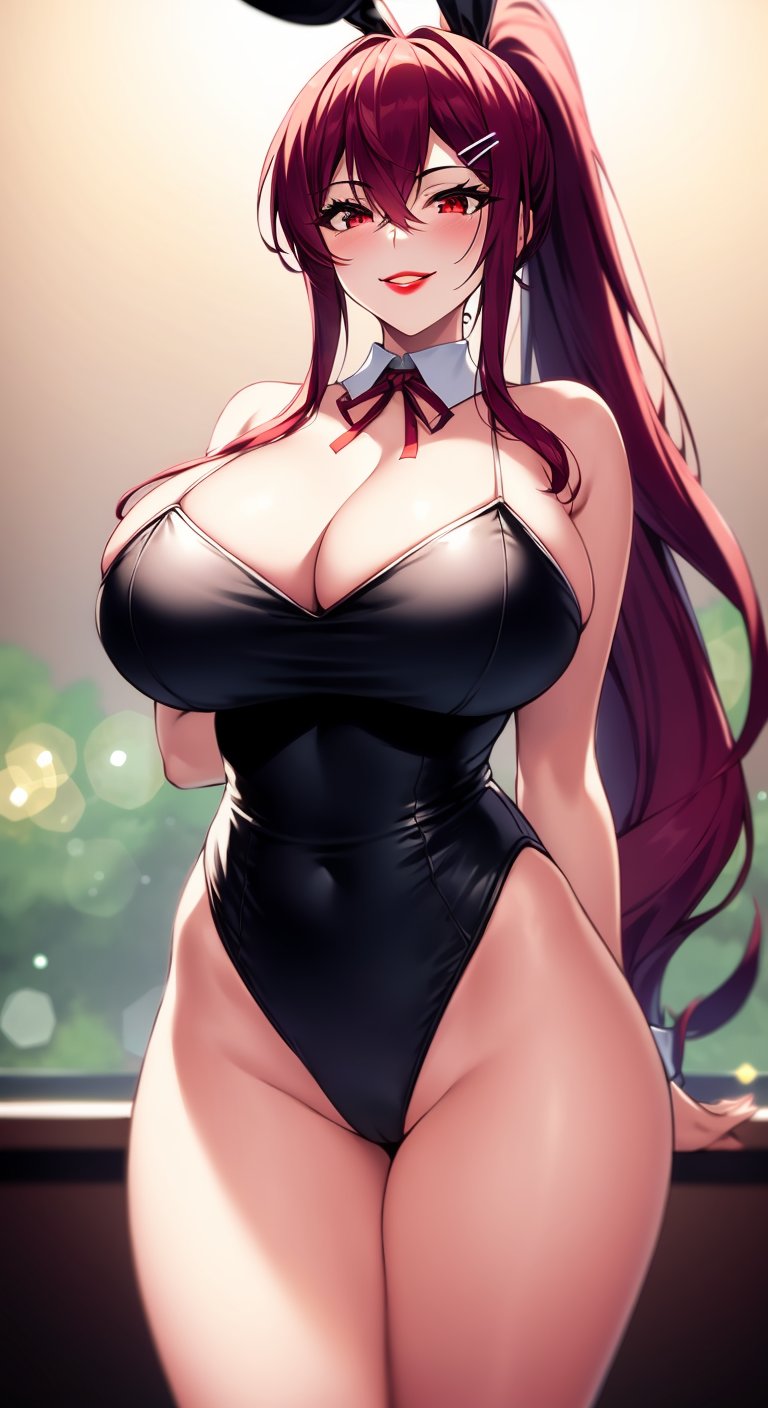 1girls, ai generated, alternate breast size, big breasts, breasts, bulging breasts, bunny ears, bunny girl, bunnysuit, female, female only, kurenai (claire miyamoto), latex, leotard, long hair, looking at viewer, nai diffusion, original, ponytail, red hair, solo, stable diffusion