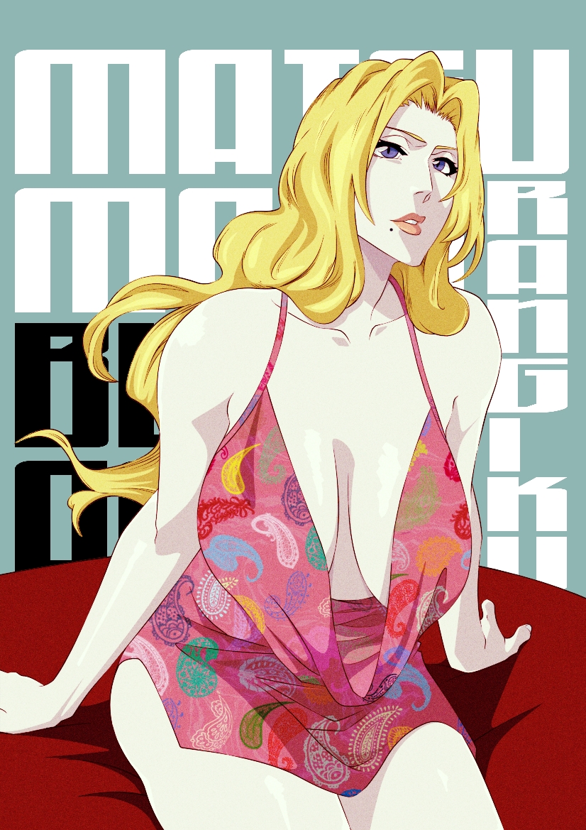 1girls anddeath arm_support big_breasts bleach blonde_hair blue_eyes breasts cleavage clothing huge_breasts large_breasts legs_together lipstick long_hair makeup matsumoto_rangiku mole mole_under_mouth no_bra revealing_clothes sagging_breasts sitting solo