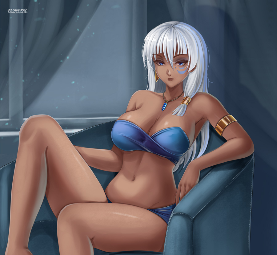 1girls atlantis:_the_lost_empire blue_eyes cleavage dark-skinned_female disney female flowerxl kida large_breasts long_hair looking_at_viewer necklace voluptuous white_hair
