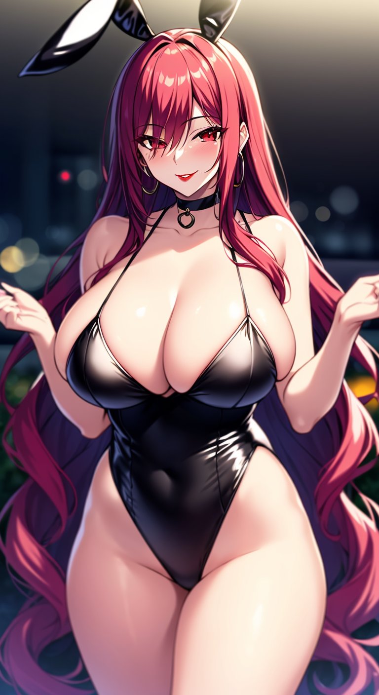 1girls, ai generated, bunny ears, bunny girl, bunny tail, bunnysuit, curvaceous, curvy female, curvy figure, female, female only, highres, kurenai (claire miyamoto), latex, long hair, looking at viewer, nai diffusion, original, red hair, solo, stable diffusion