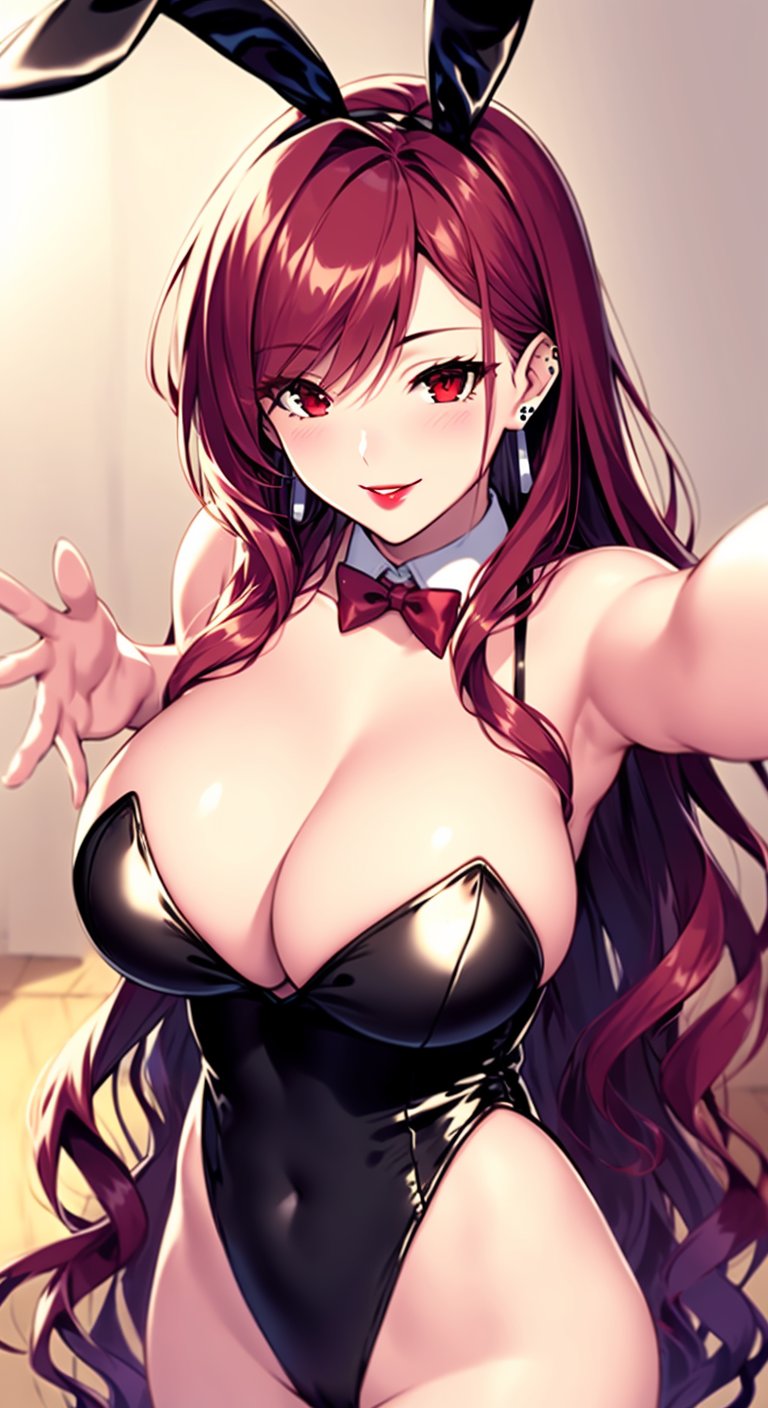 1girls, ai generated, big breasts, breasts, bulging breasts, bunny ears, bunny girl, bunnysuit, female, female only, highres, kurenai (claire miyamoto), latex, looking at viewer, nai diffusion, original, selfie, solo, stable diffusion